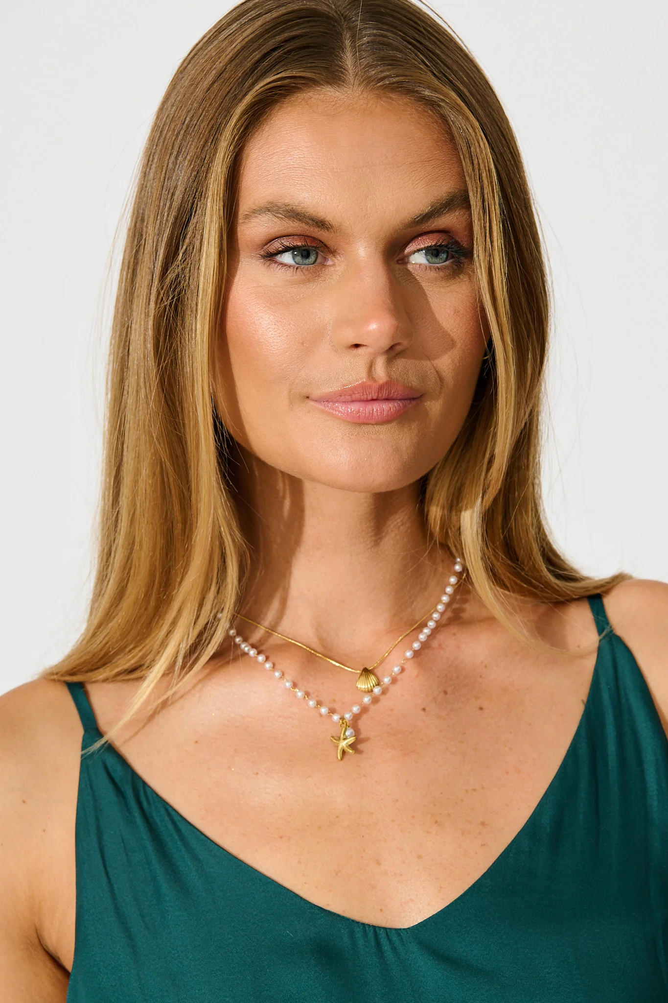 Palm Cove Double Layered Necklace in Gold with Pearl - Image 3