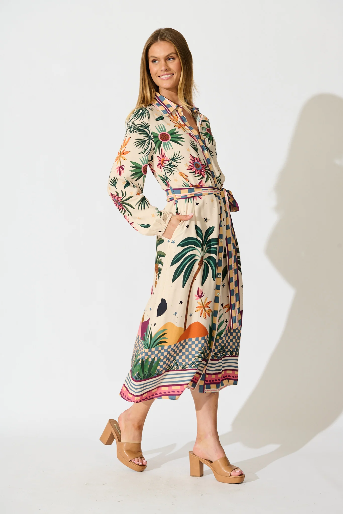 Palm Parade Midi Shirt Dress in Cream Multi Print - Image 3