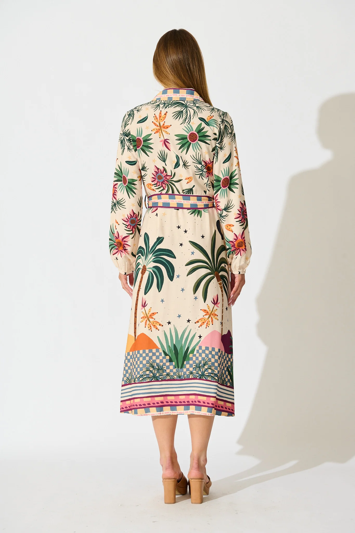 Palm Parade Midi Shirt Dress in Cream Multi Print - Image 4