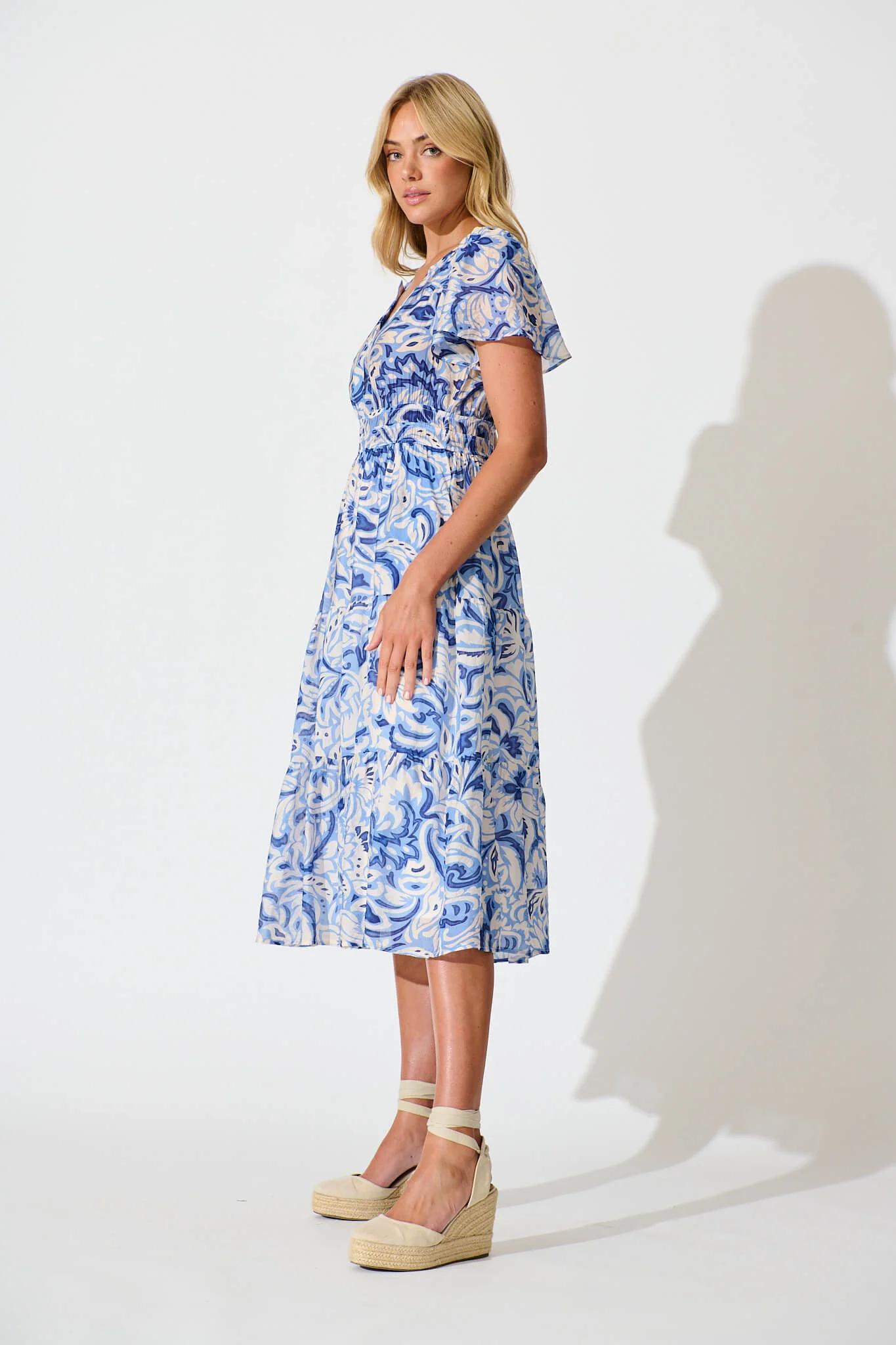 Palm Springs Midi Dress in Blue and White Print - Image 3