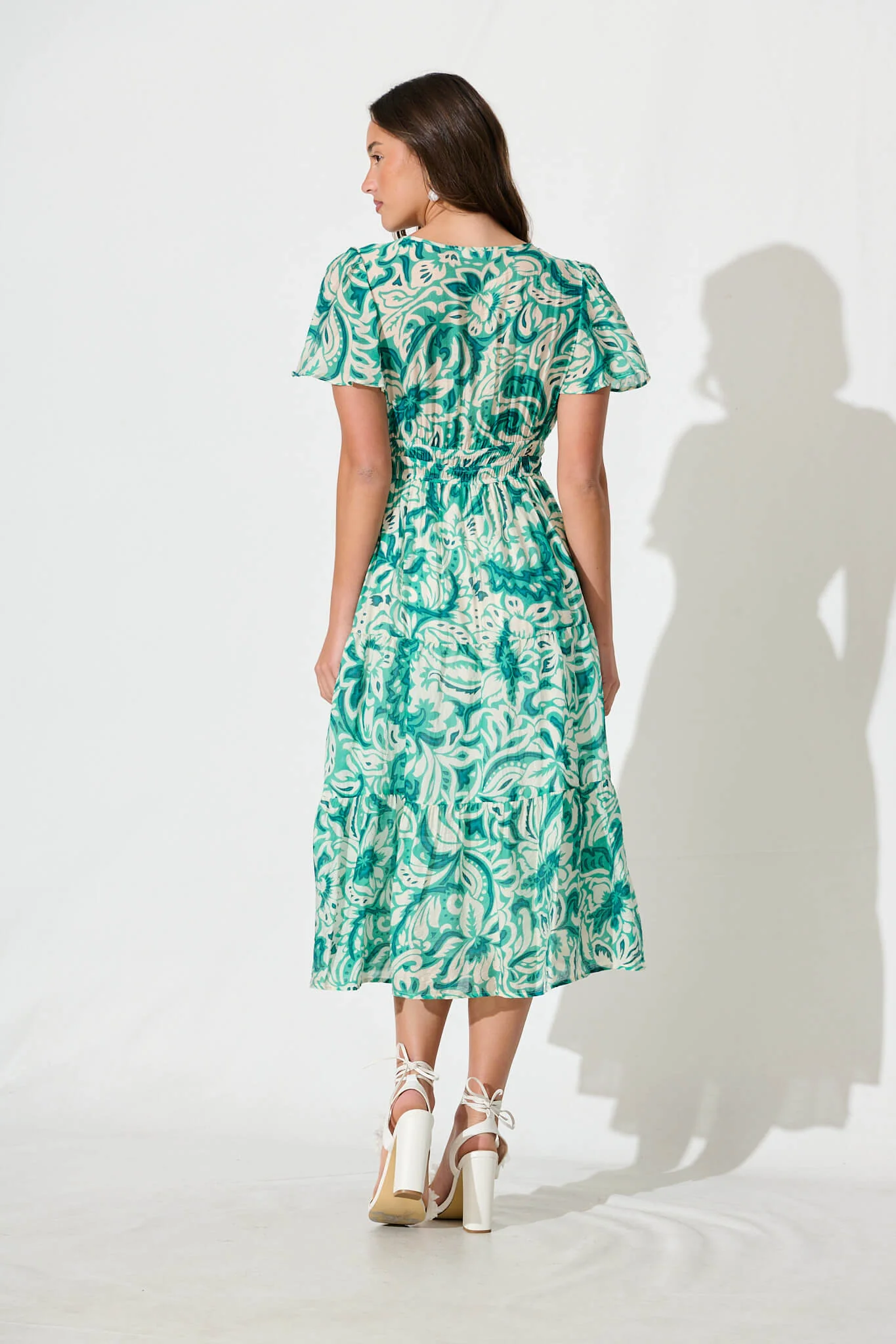 Palm Springs Midi Dress in Green and White Print - Image 4