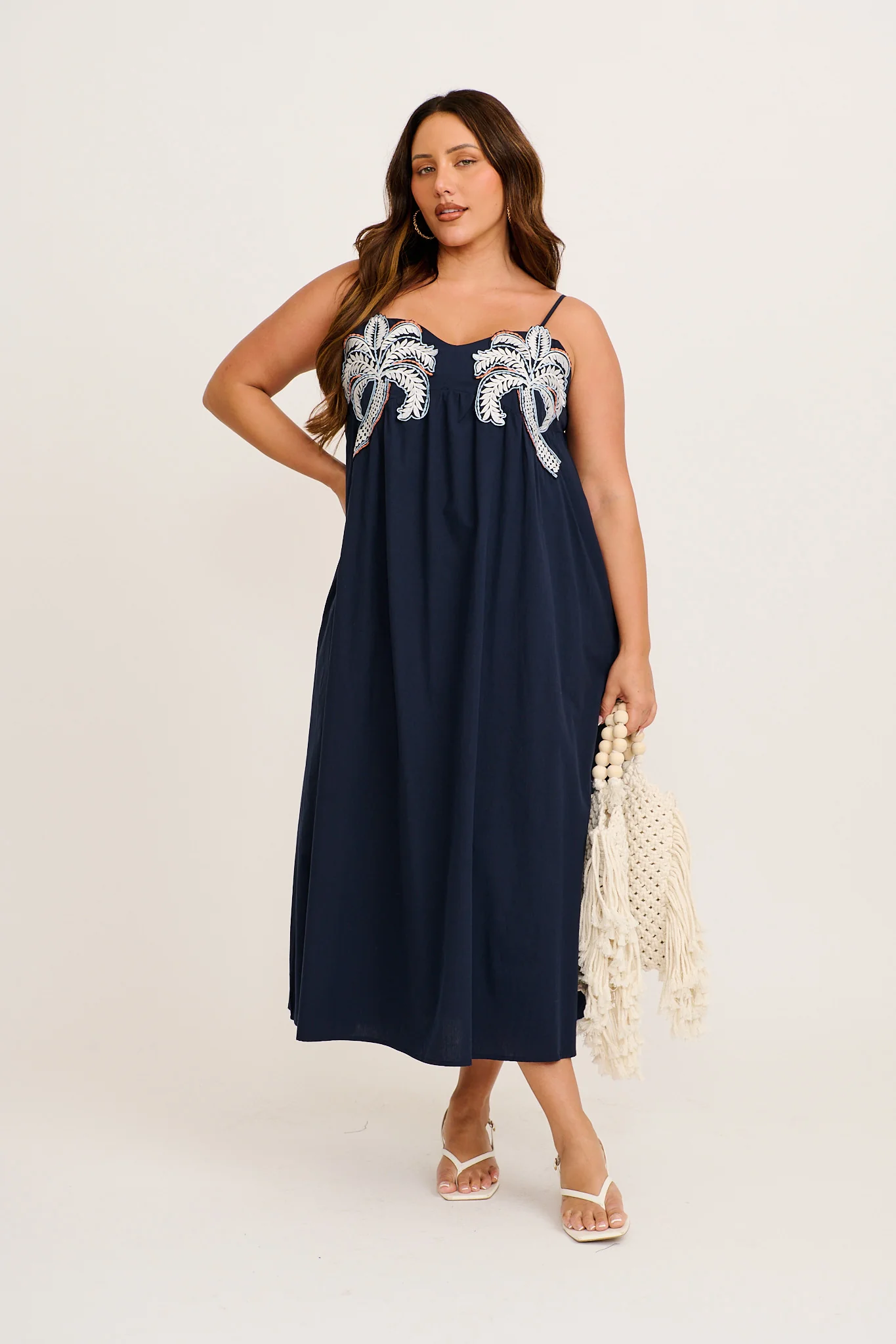 Palmera Midi Sundress in Navy with Palm Tree Embroidery Cotton - Image 2