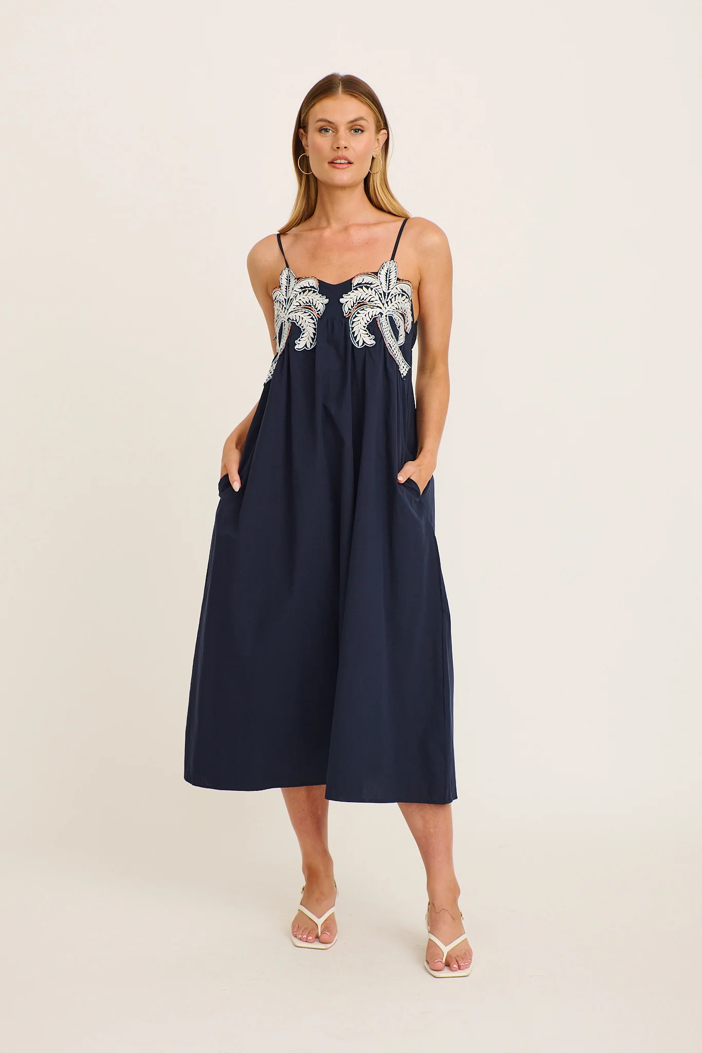 Palmera Midi Sundress in Navy with Palm Tree Embroidery Cotton - Image 5