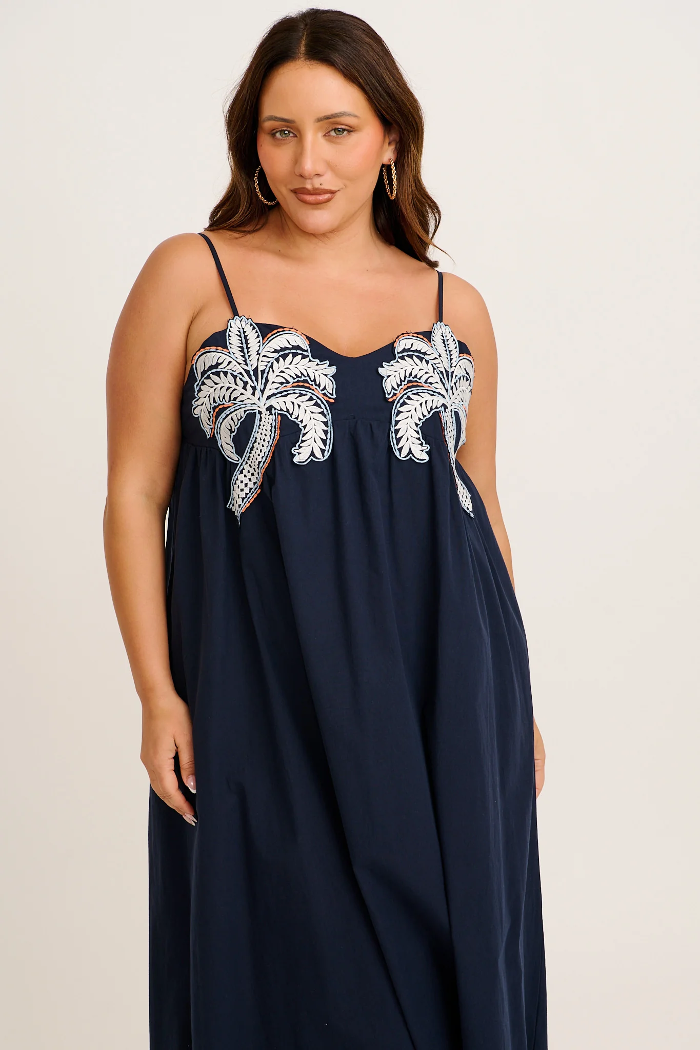 Palmera Midi Sundress in Navy with Palm Tree Embroidery Cotton - Image 9
