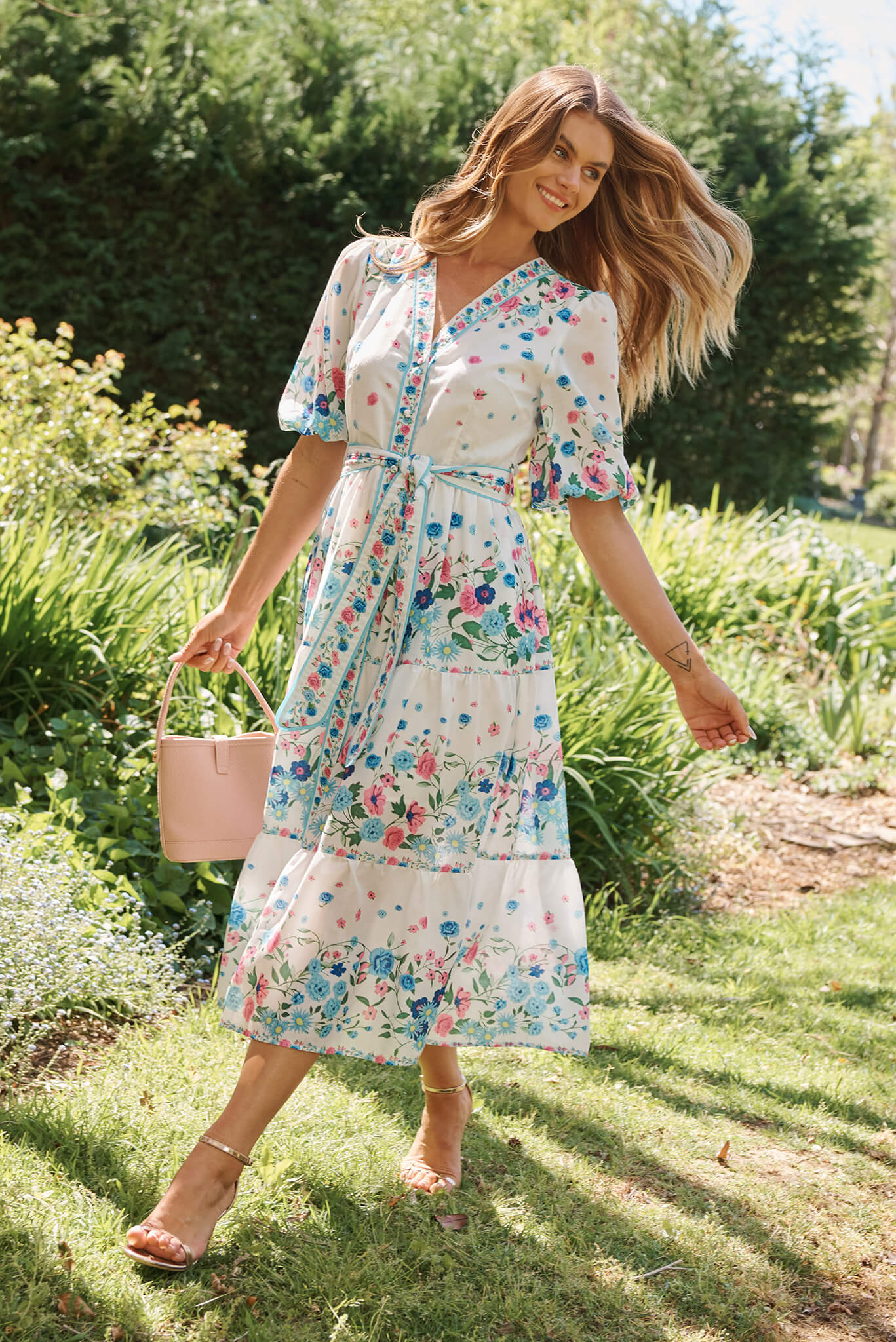 Pambula Maxi Dress In White With Pink And Blue Floral - Image 4
