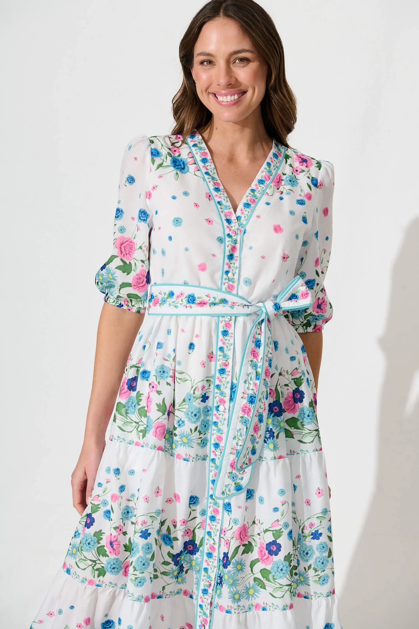 Pambula Maxi Dress In White With Pink And Blue Floral - Image 6
