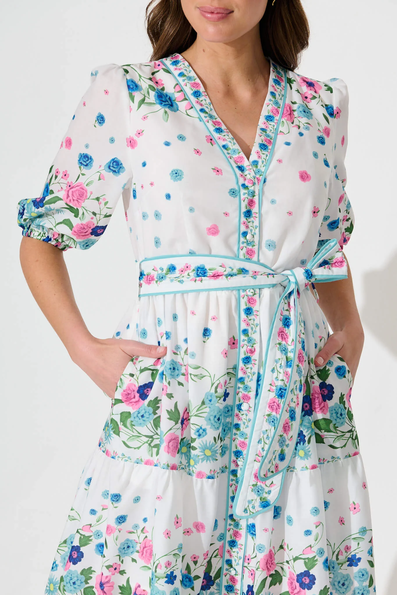 Pambula Maxi Dress In White With Pink And Blue Floral - Image 9