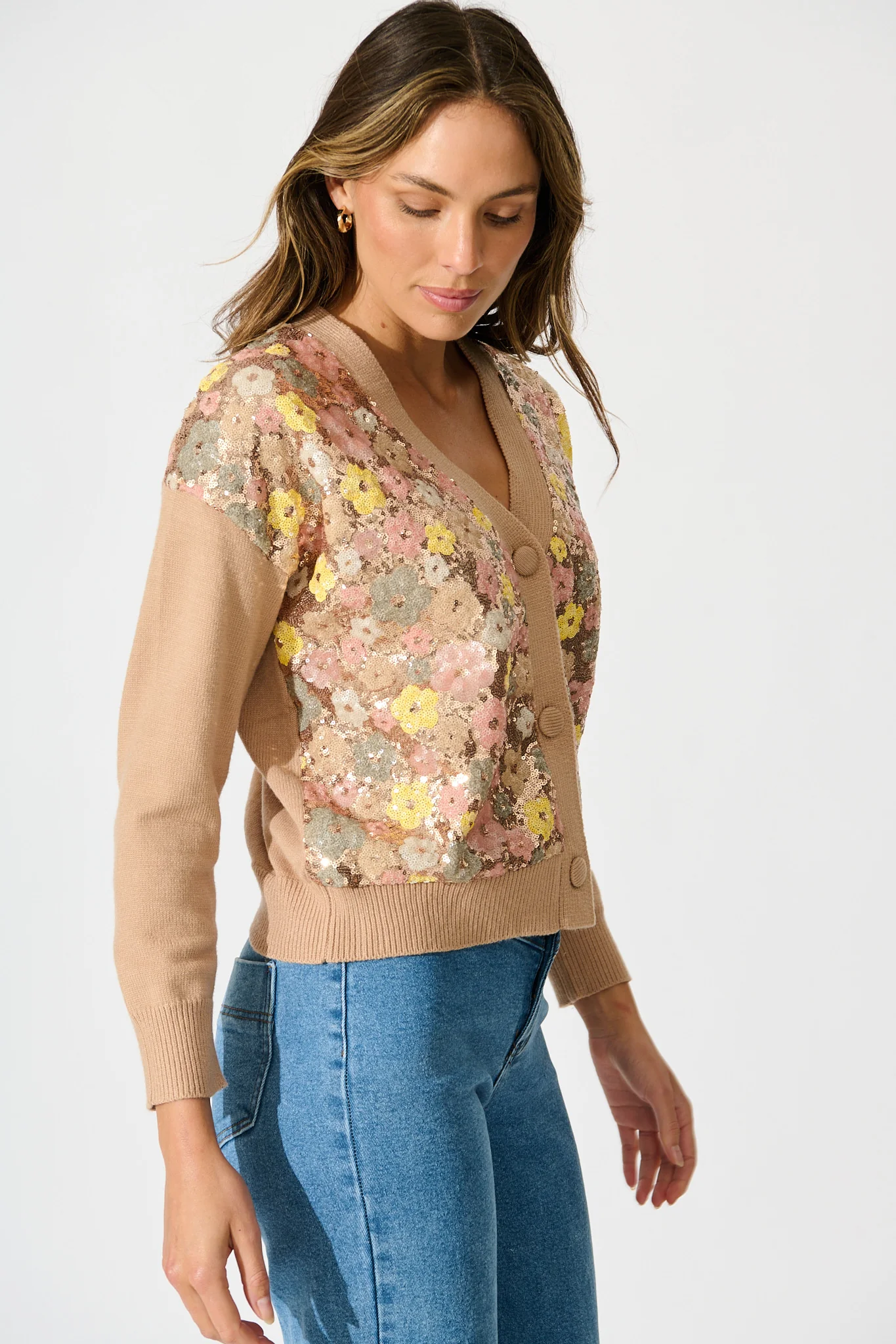 Pandia Knit Cardigan In Brown With Flower Sequin Wool Blend - Image 5