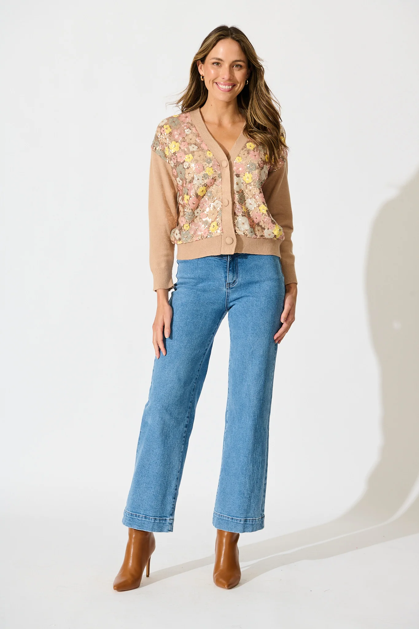 Pandia Knit Cardigan In Brown With Flower Sequin Wool Blend - Image 7