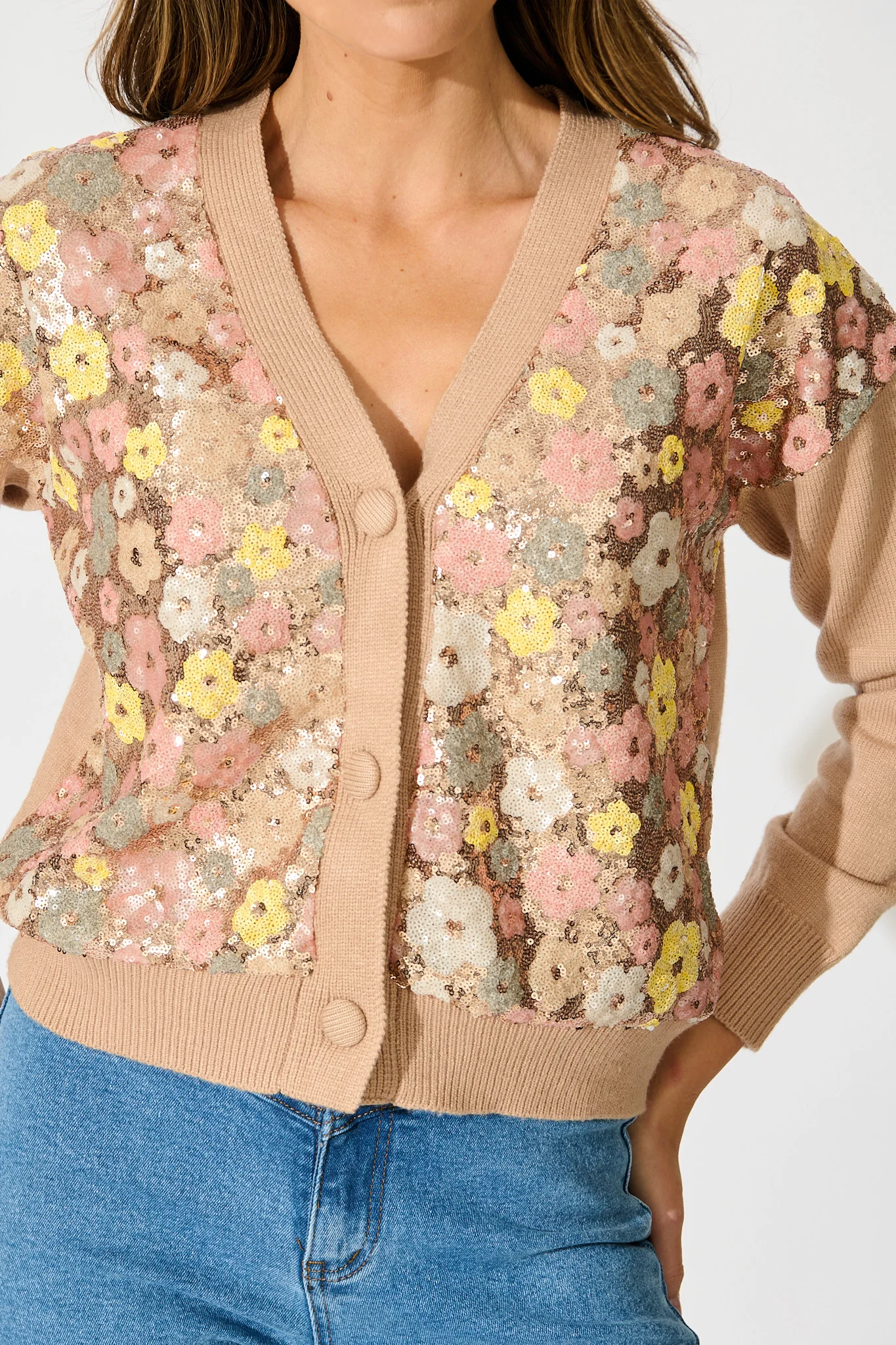 Pandia Knit Cardigan In Brown With Flower Sequin Wool Blend - Image 8