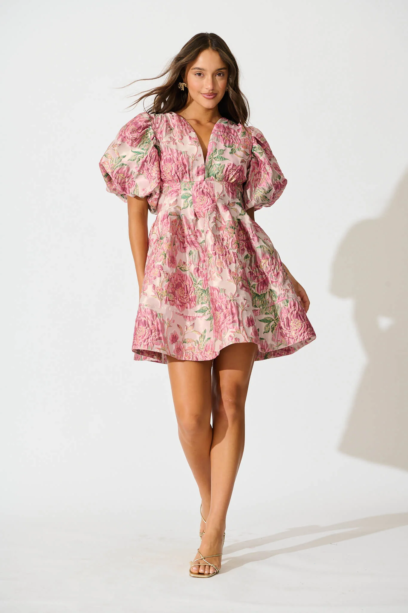 Paris Dreamer Dress in Dusty Pink with Green Jacquard - Image 2