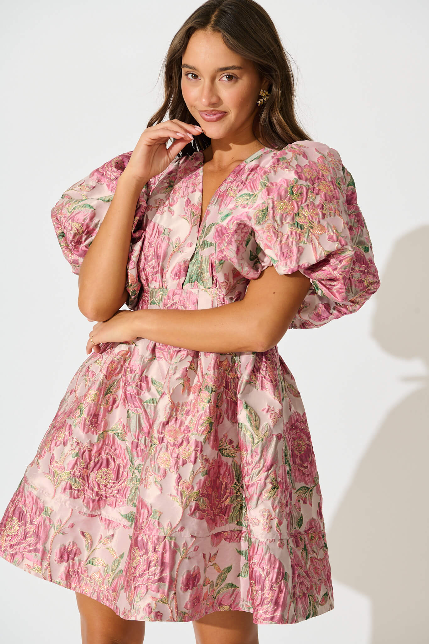 Paris Dreamer Dress in Dusty Pink with Green Jacquard - Image 6