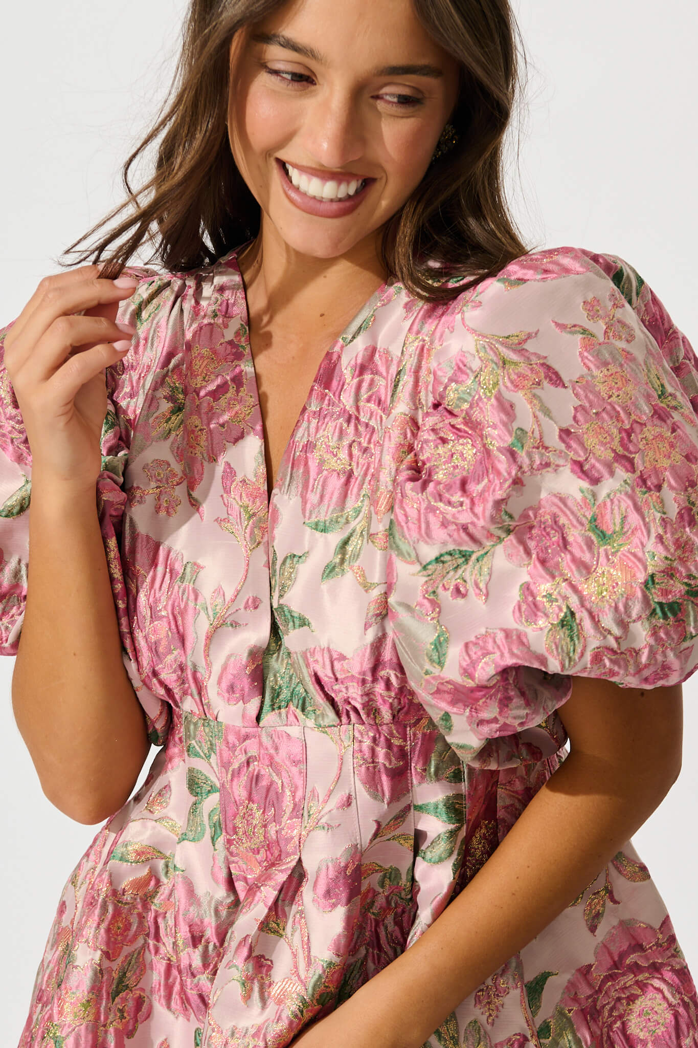 Paris Dreamer Dress in Dusty Pink with Green Jacquard - Image 9
