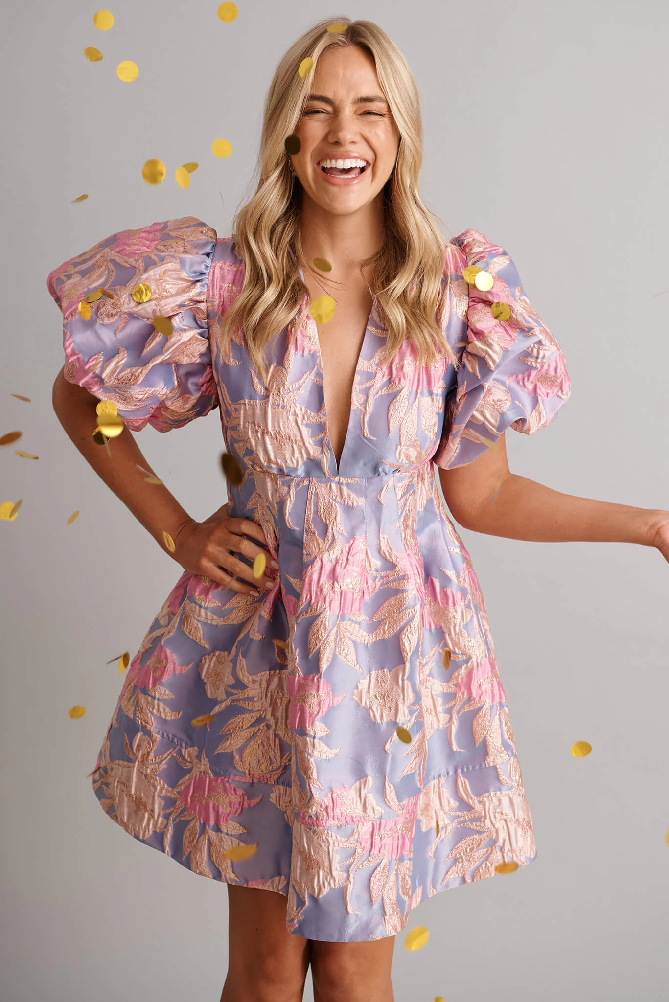 Paris Dreamer Dress in Lilac and Pink Metallic Jacquard - Image 4