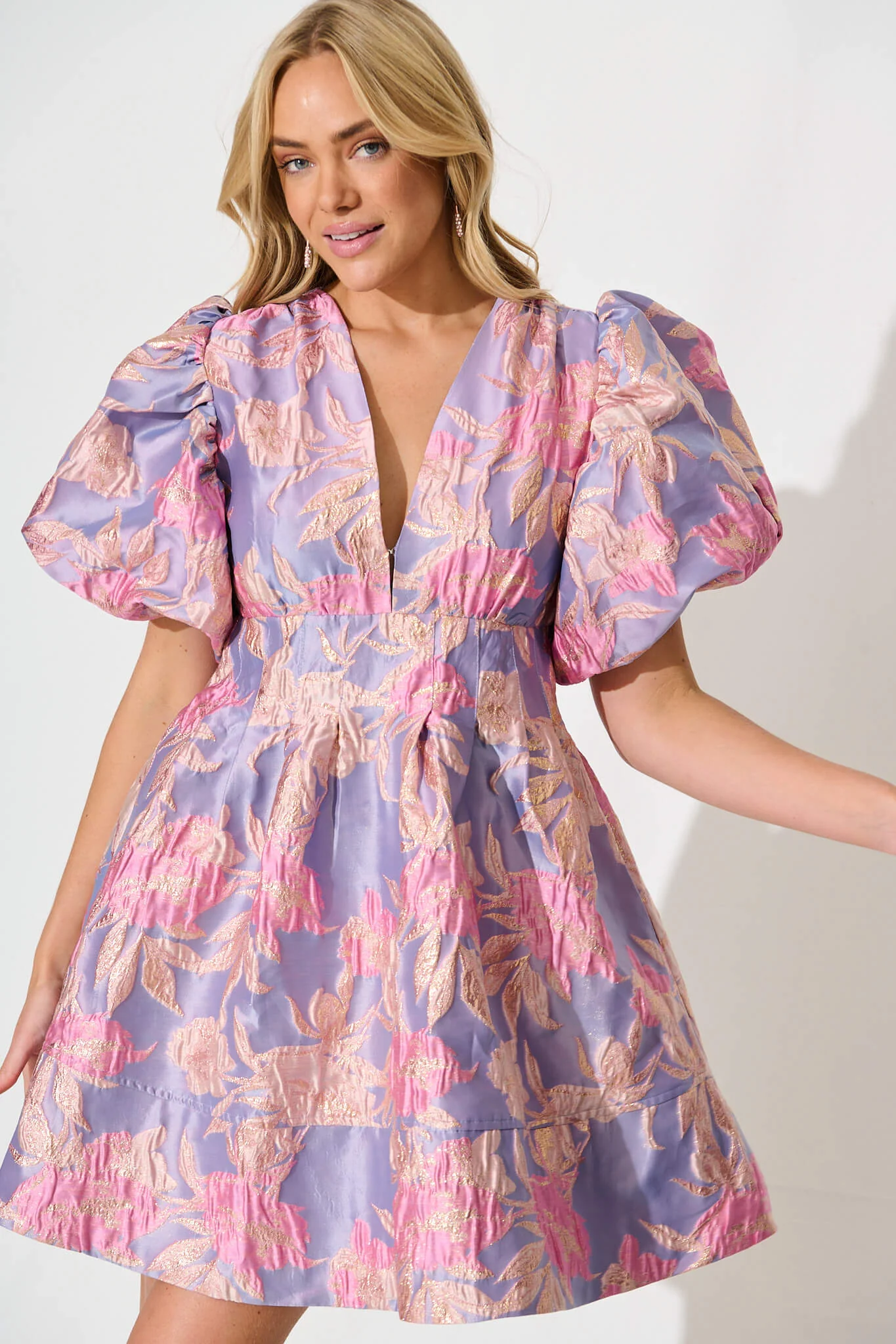 Paris Dreamer Dress in Lilac and Pink Metallic Jacquard - Image 5