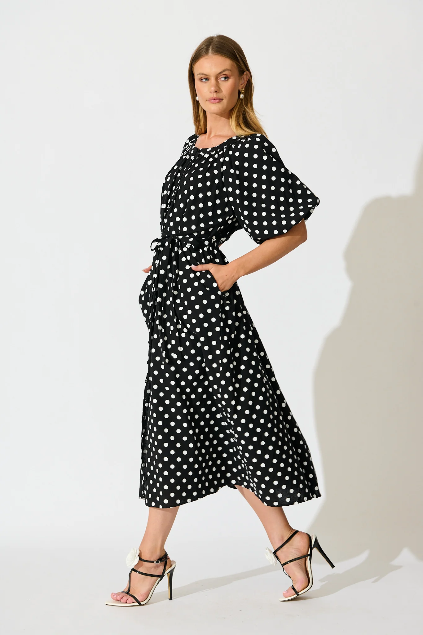 Parisian Dot Midi Dress in Black with White Polka Dot - Image 3