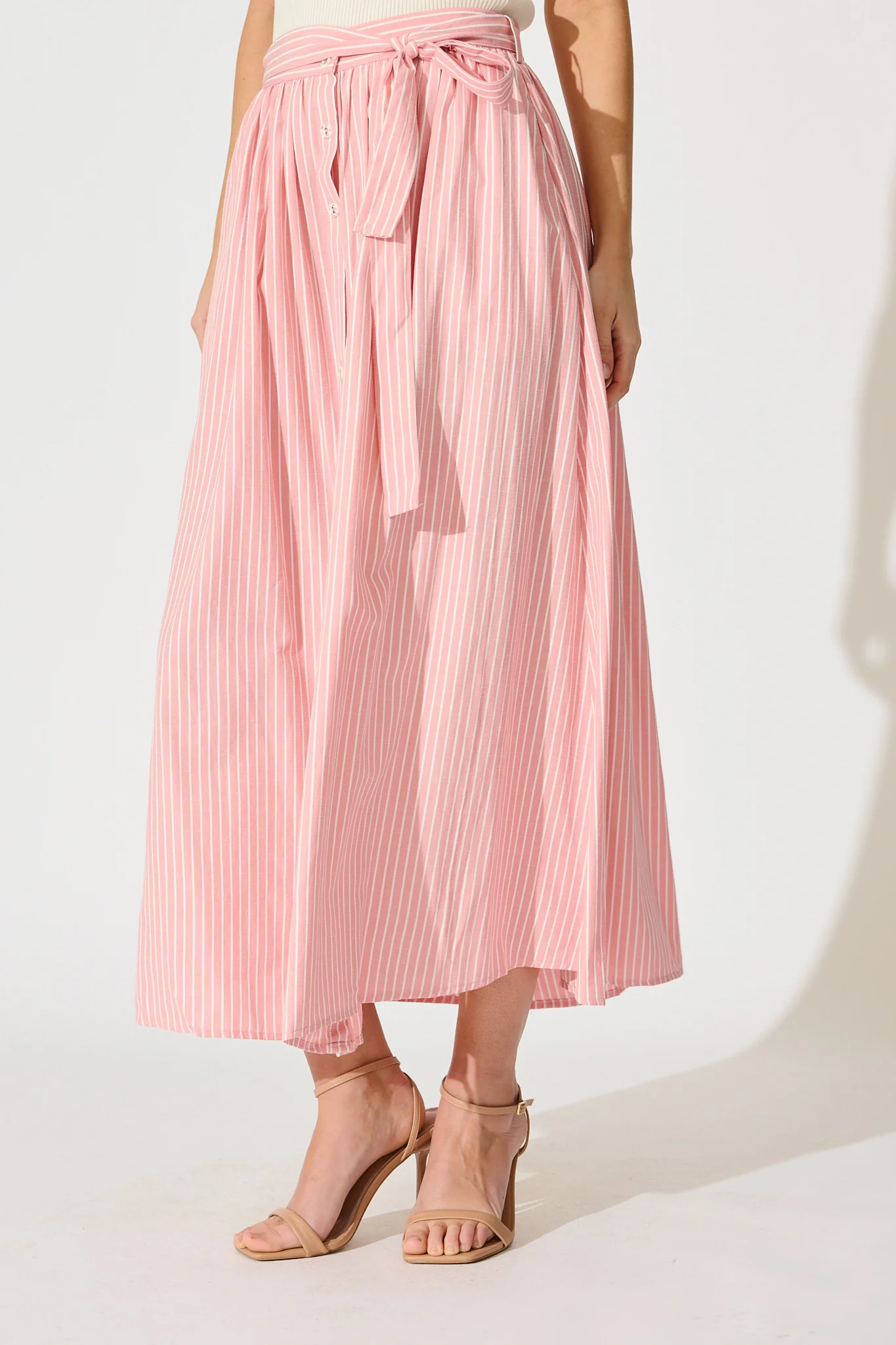 Pattie Maxi Skirt in Pink with White Stripe Cotton - Image 2