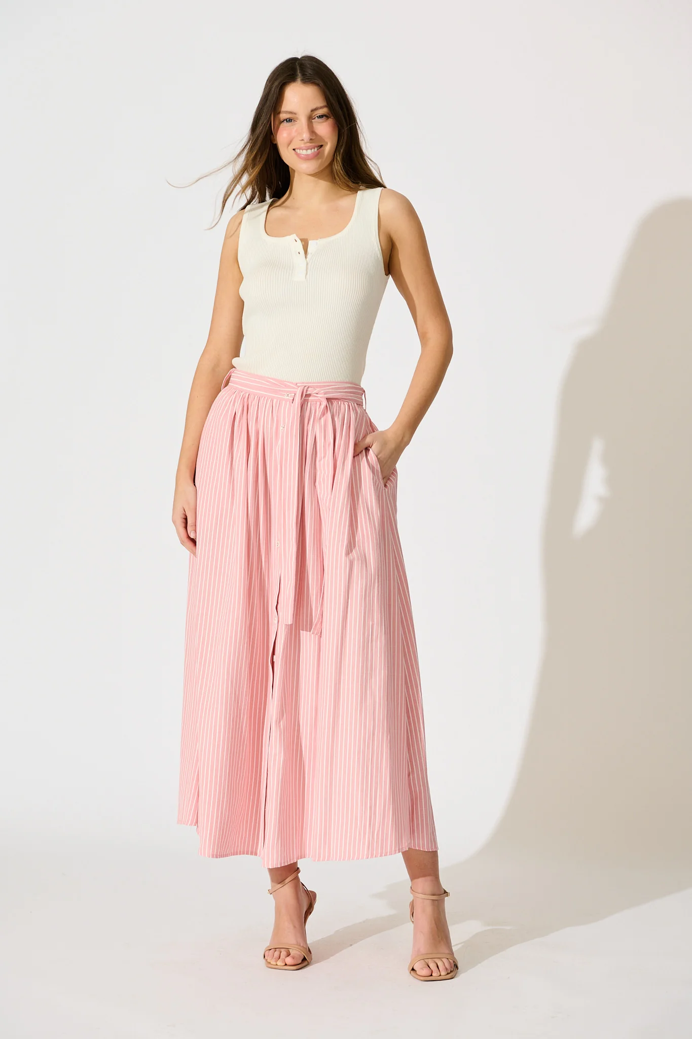 Pattie Maxi Skirt in Pink with White Stripe Cotton - Image 4