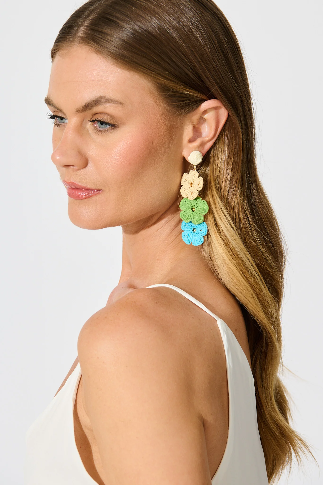 Patty Drop Earrings in Multi Cream and Aqua Raffia - Image 4
