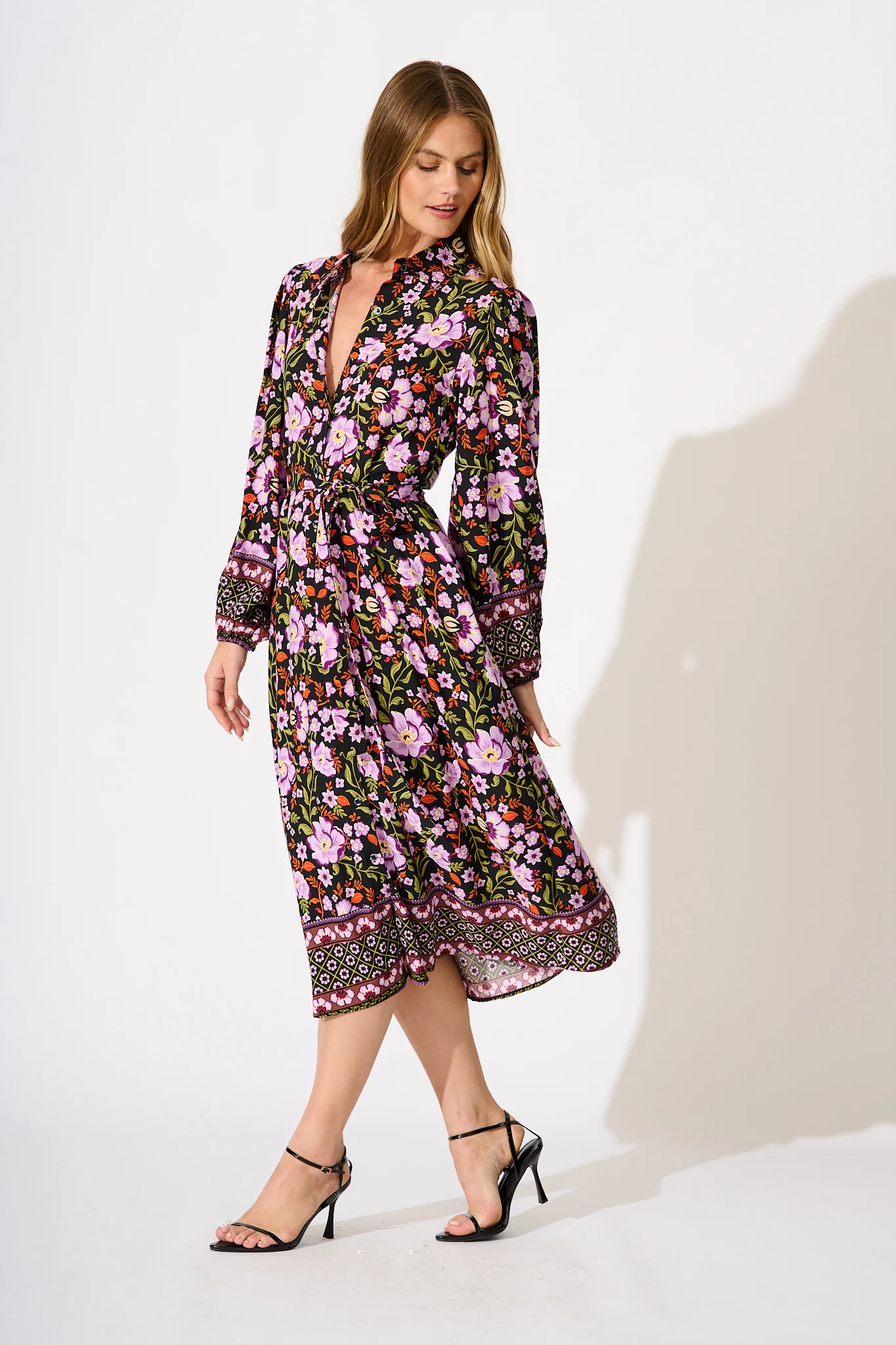 Payton Midi Shirt Dress in Black Multi Floral - Image 3