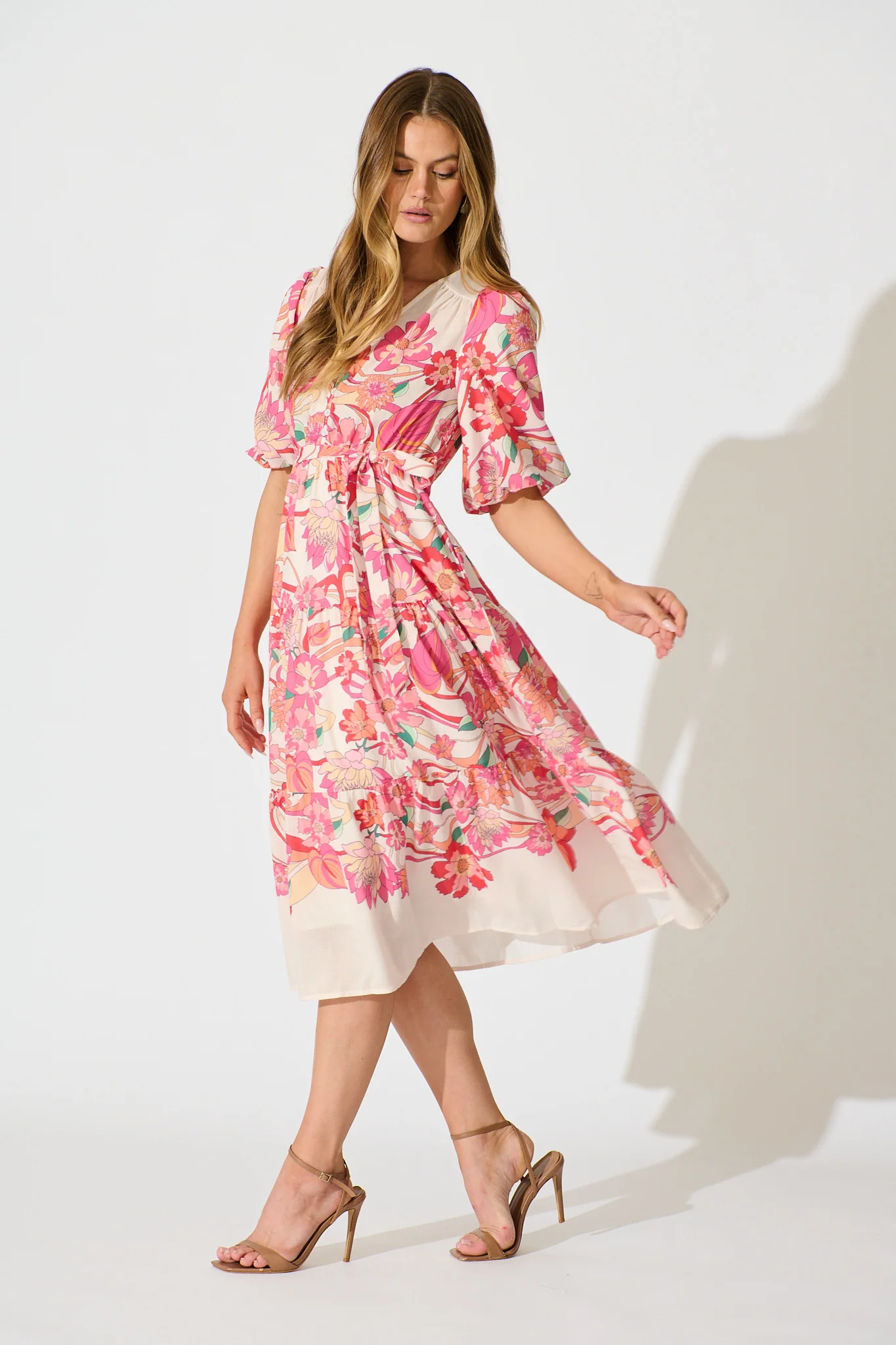 Peni Midi Dress in Cream with Pink Multi Floral Linen Blend - Image 3