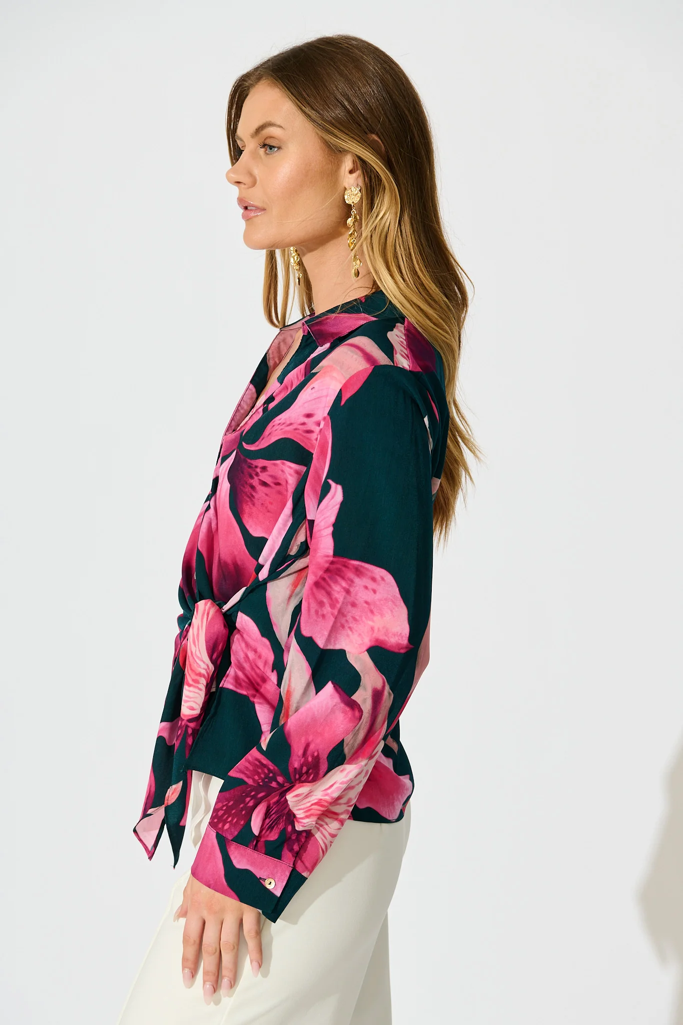 Petal Parade Wrap Shirt in Emerald with Pink Floral - Image 2