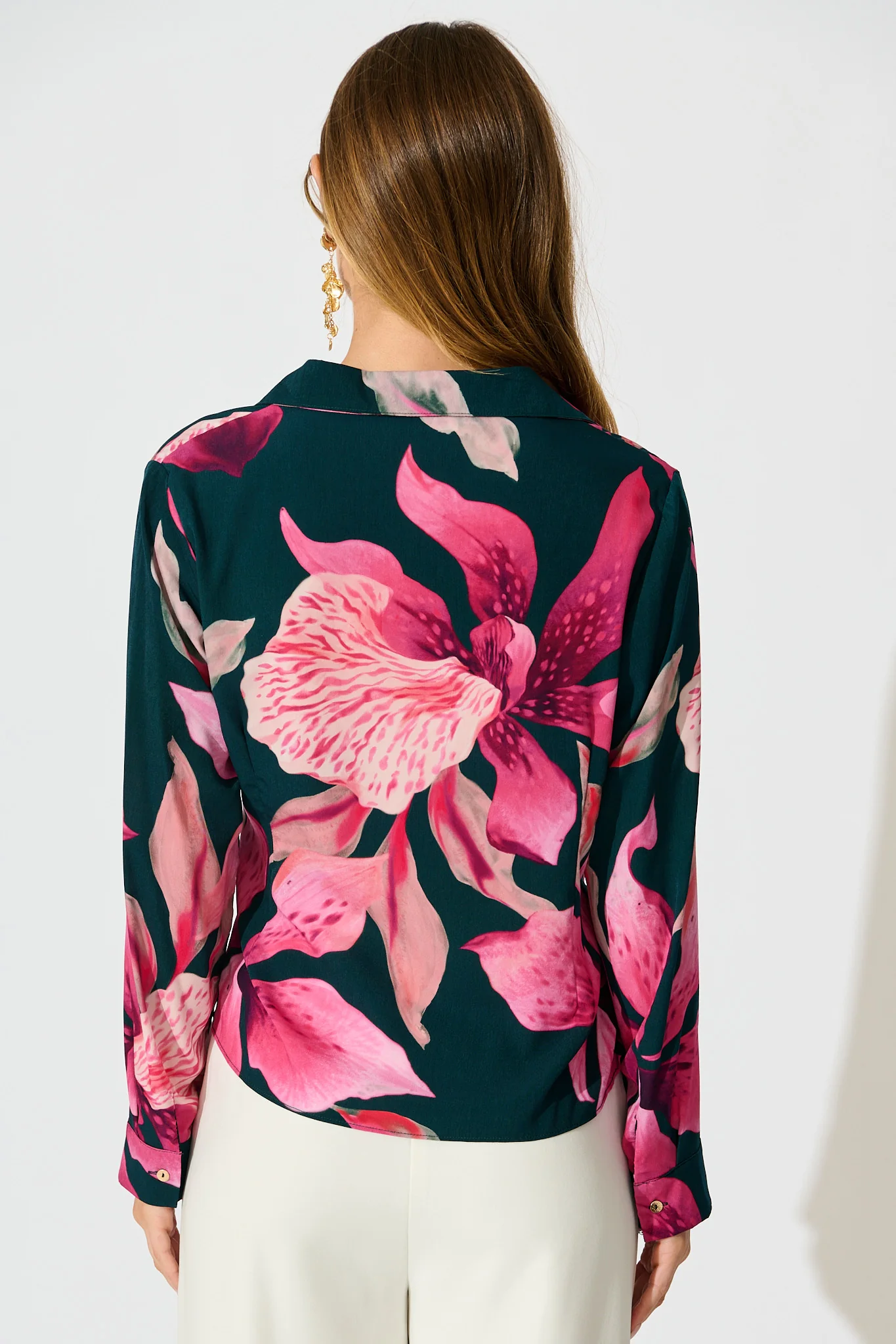 Petal Parade Wrap Shirt in Emerald with Pink Floral - Image 4