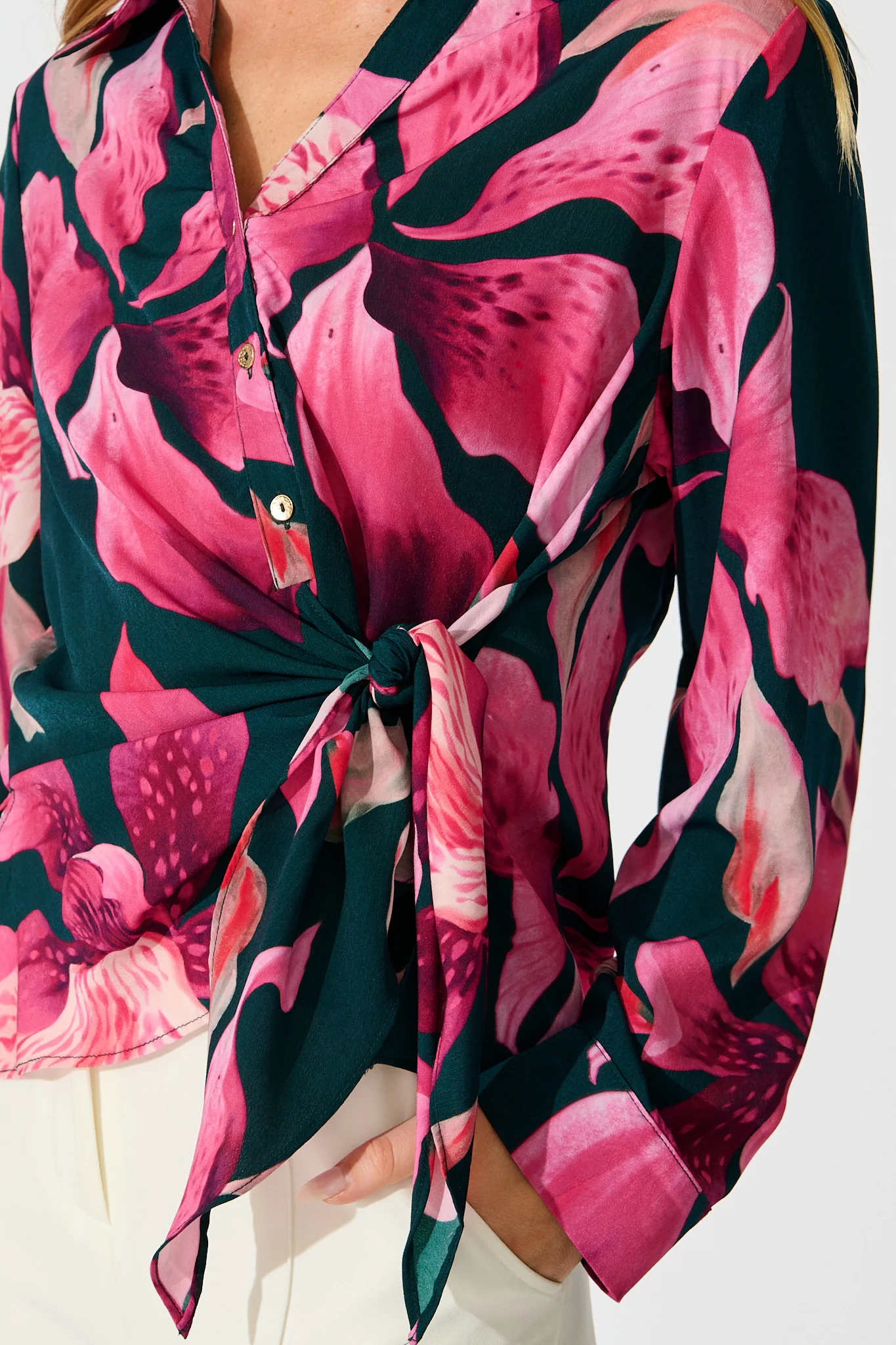Petal Parade Wrap Shirt in Emerald with Pink Floral - Image 5