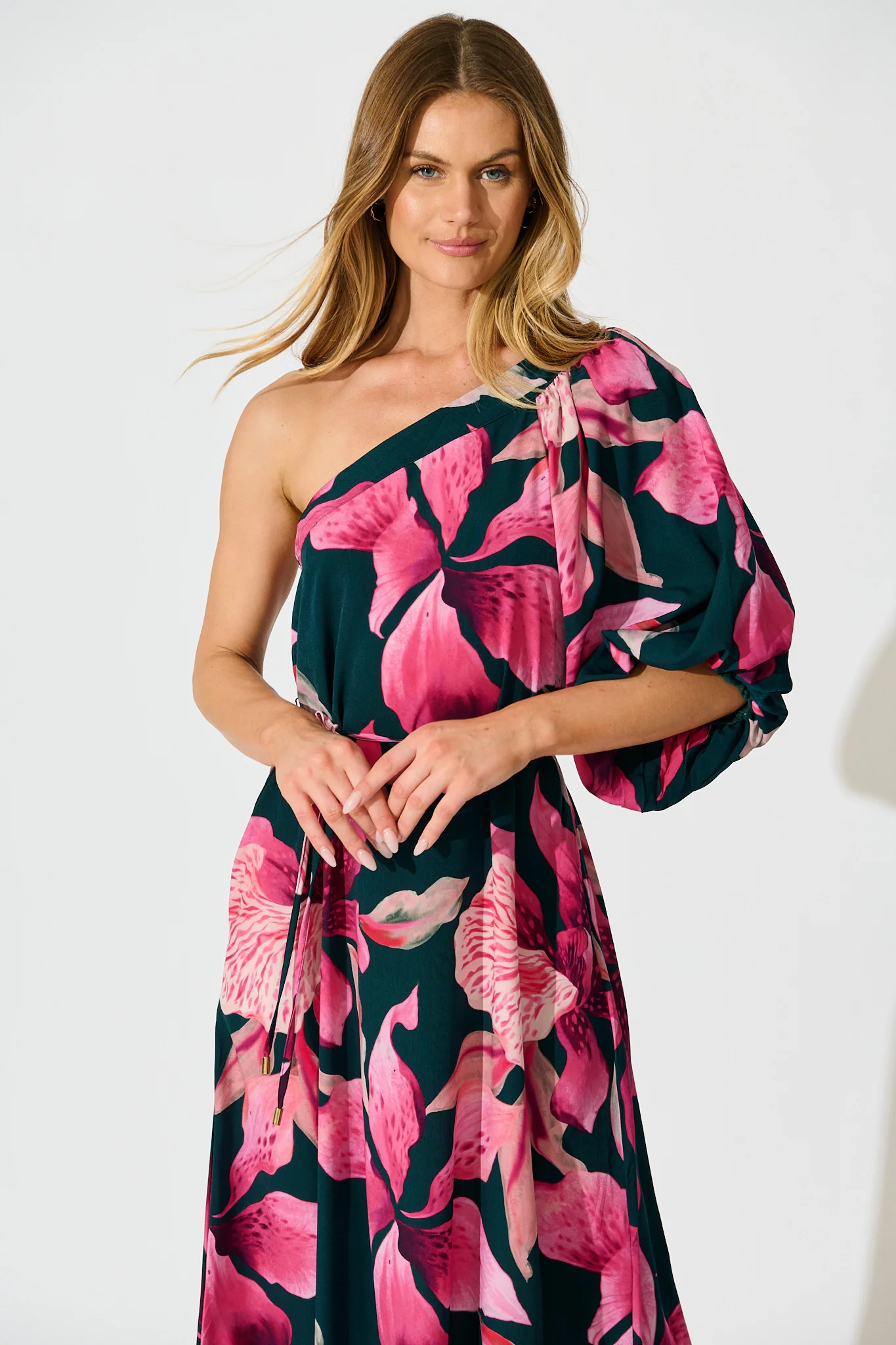 Petal Rhapsody Maxi Dress in Emerald with Pink Floral - Image 2
