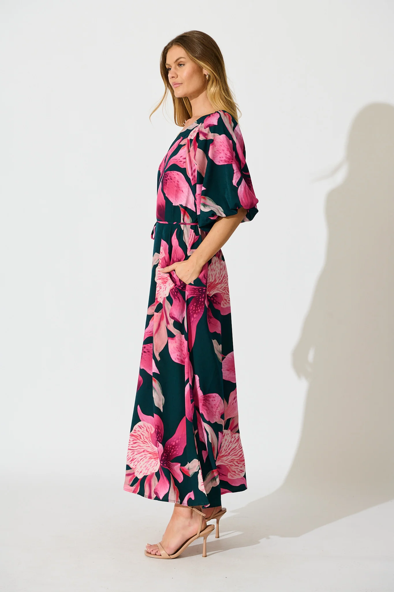 Petal Rhapsody Maxi Dress in Emerald with Pink Floral - Image 3