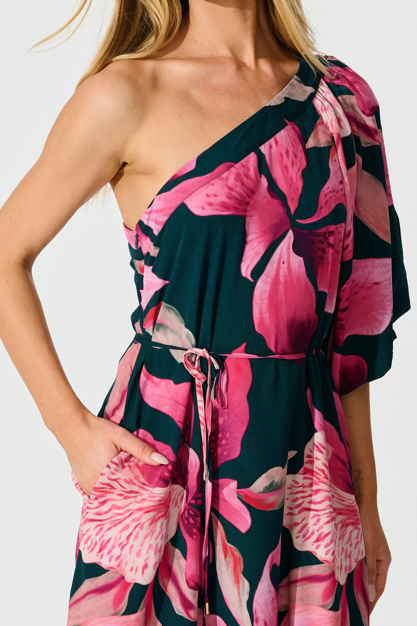 Petal Rhapsody Maxi Dress in Emerald with Pink Floral - Image 5