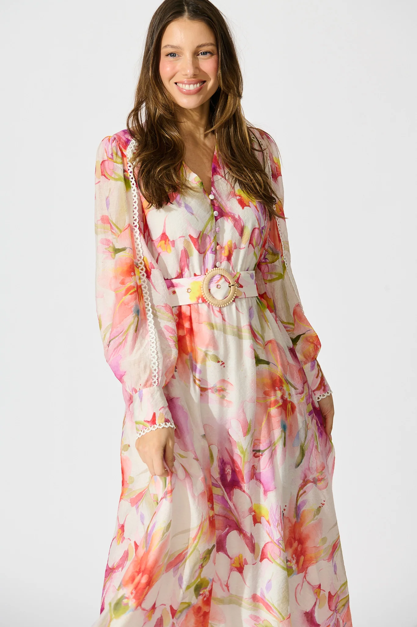 Petal Script Maxi Dress in White with Multi Floral - Image 2