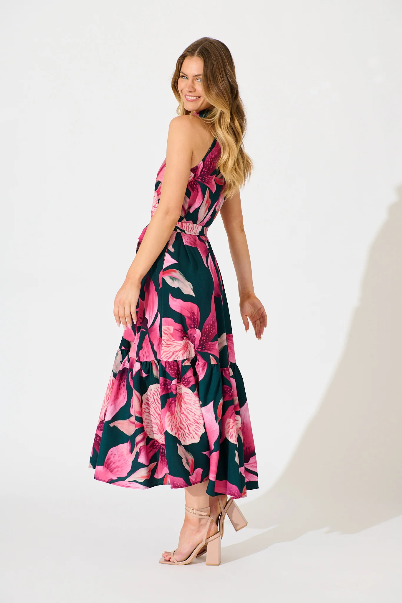Petal Whisper Maxi Dress in Emerald with Pink Floral - Image 3