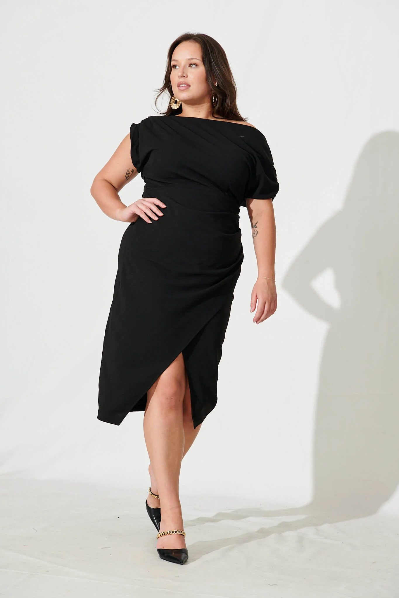 Phoenix Off Shoulder Midi Dress In Black - Image 11