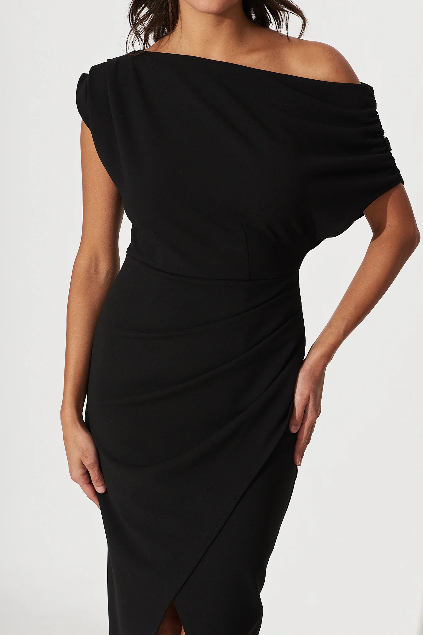 Phoenix Off Shoulder Midi Dress In Black - Image 13