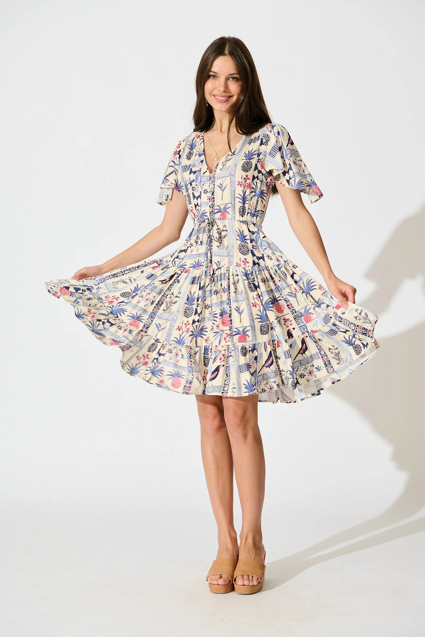 Pip Dress in White with Blue Multi Print