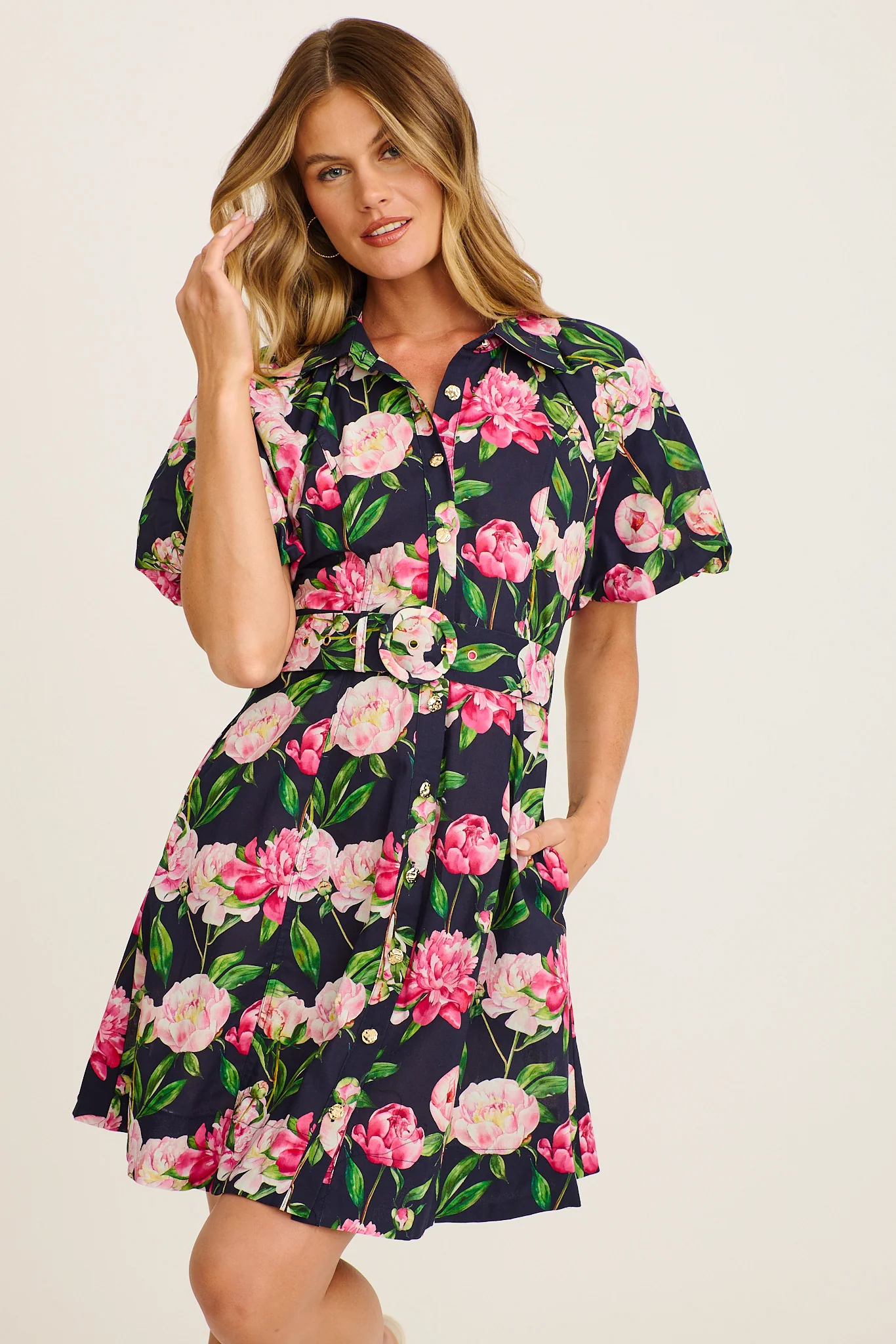 Poetic Glow Shirt Dress in Navy with Blush Floral Cotton - Image 2
