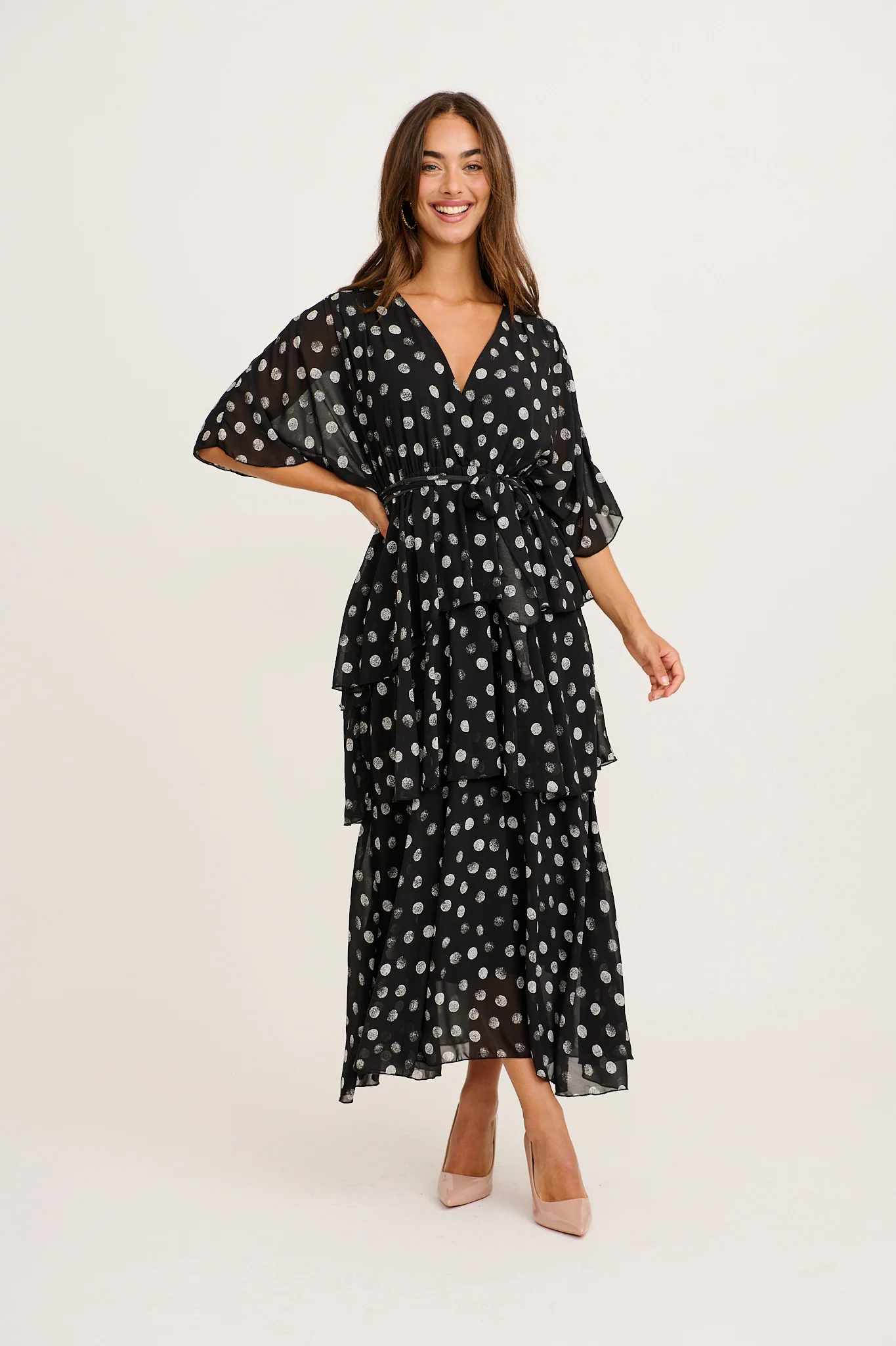 Polished Piece Midi Dress in Black with Cream Polka Dot Chiffon