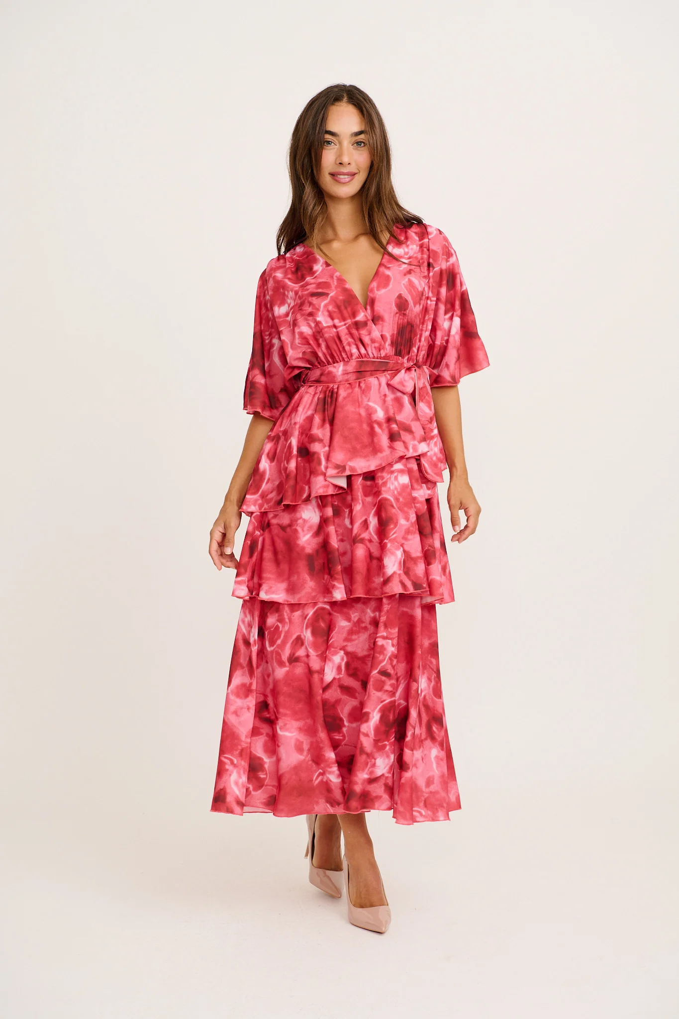 Polished Piece Midi Dress in Pink Watercolour Chiffon