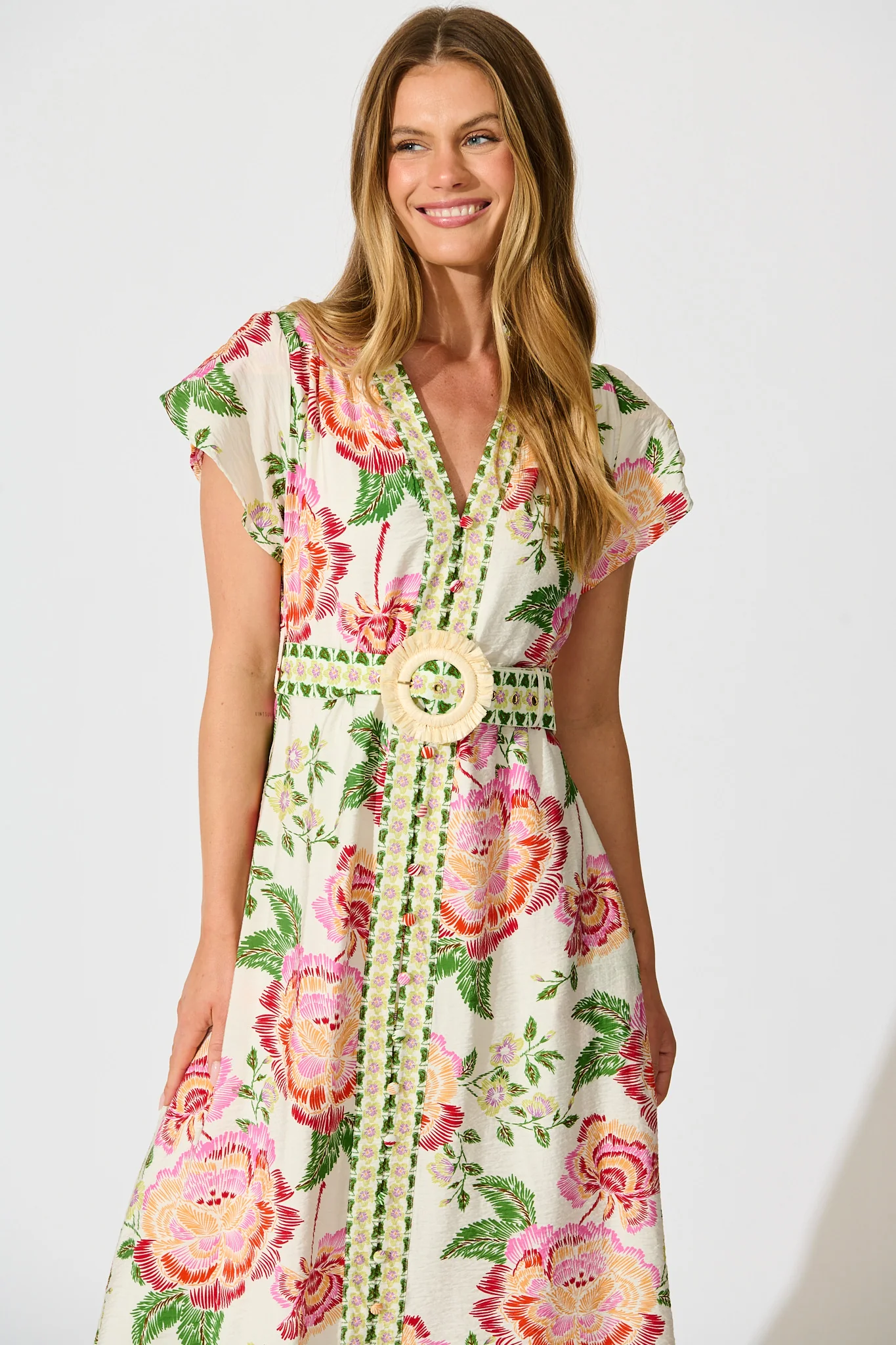 Portofino Bloom Midi dress in Cream with Pink Floral - Image 2