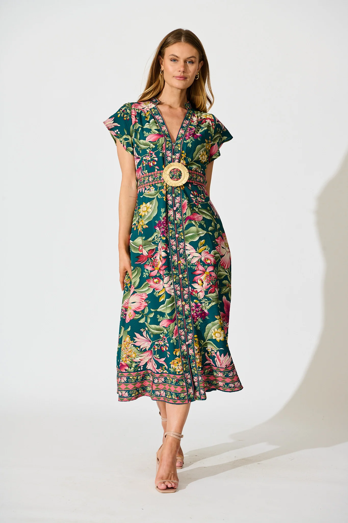 Portofino Bloom Midi Dress in Green with Multi Floral