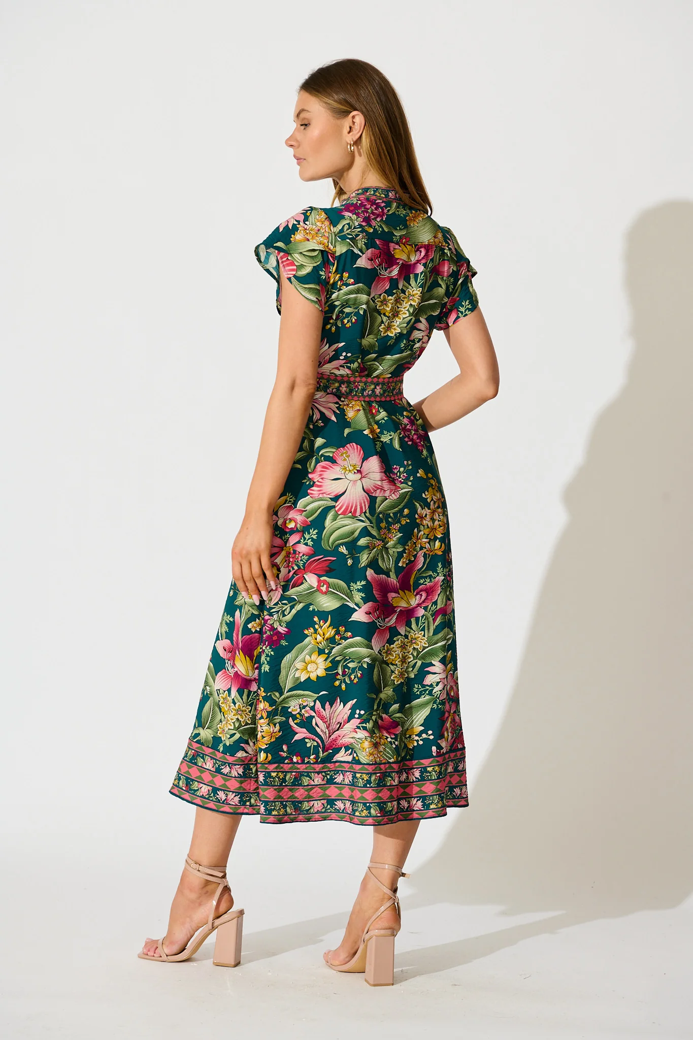 Portofino Bloom Midi Dress in Green with Multi Floral - Image 4
