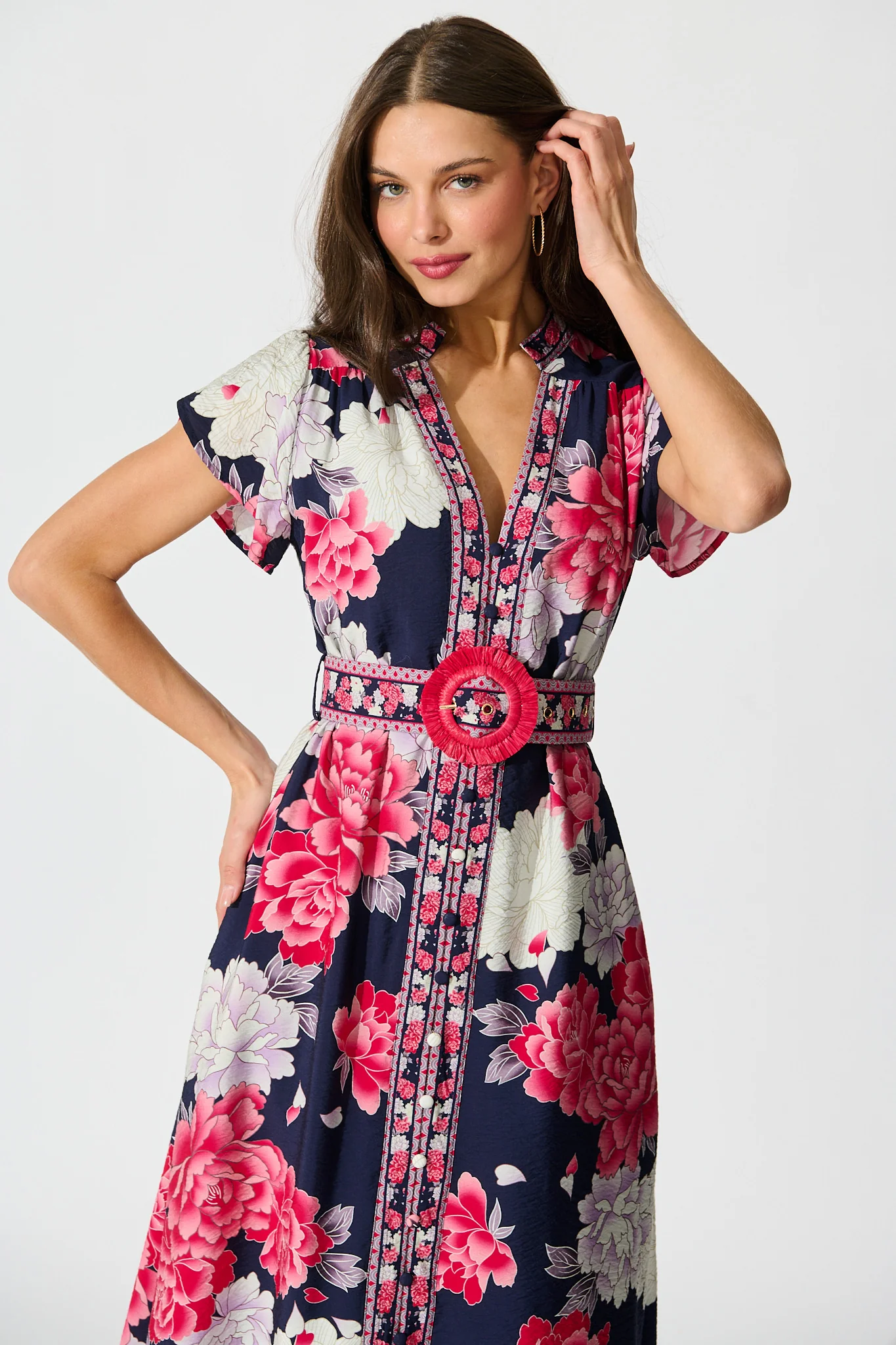 Portofino Bloom Midi Dress in Navy with Pink Floral - Image 2