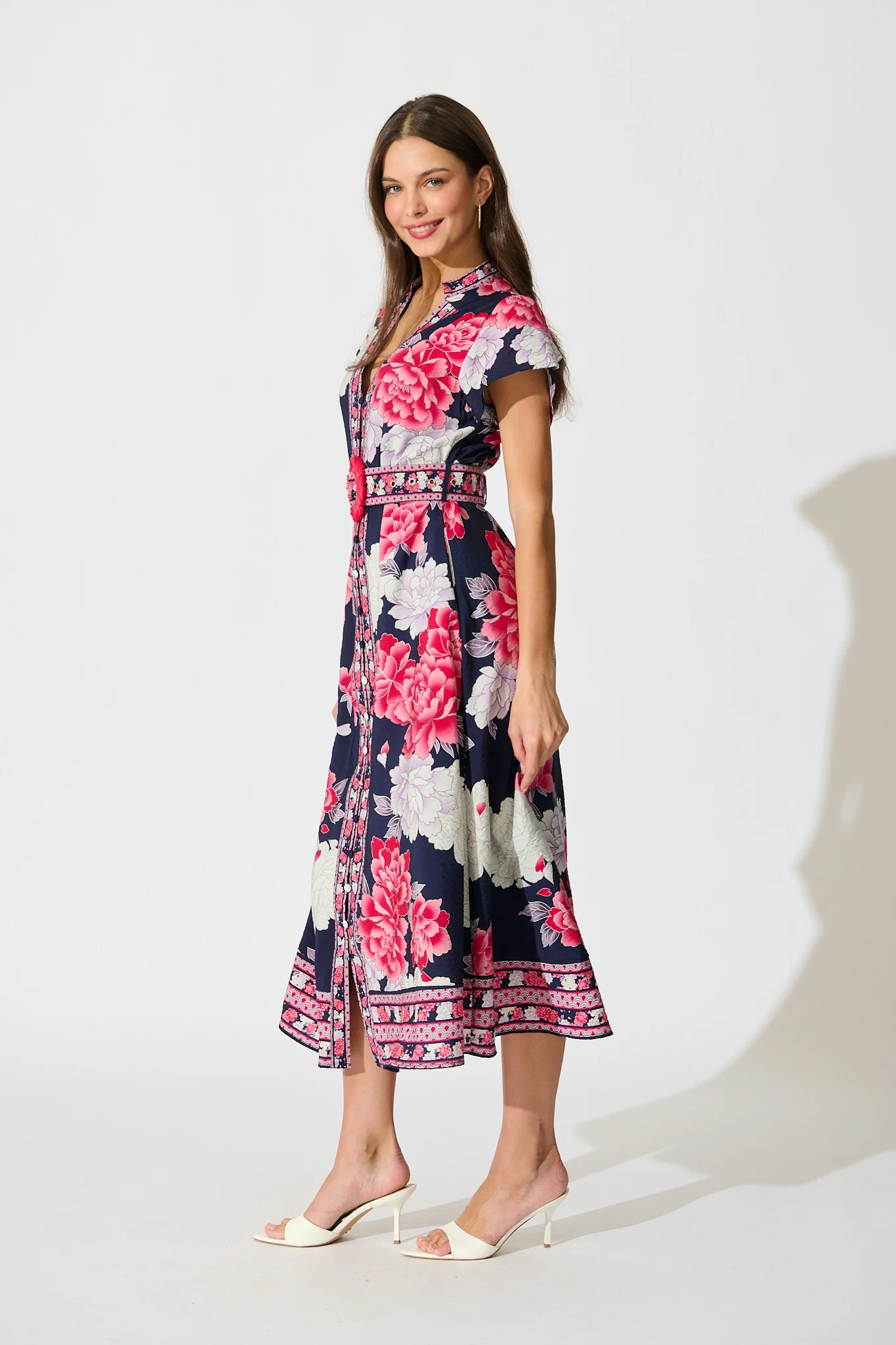 Portofino Bloom Midi Dress in Navy with Pink Floral - Image 3