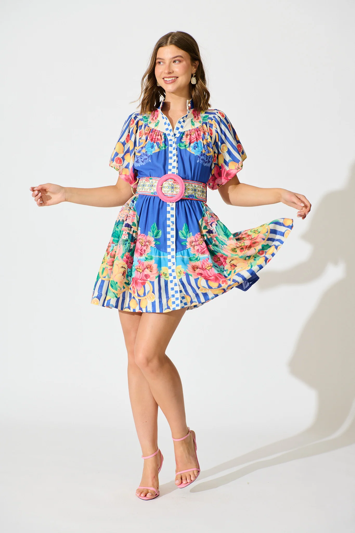 Positano Dress in Blue Floral and Lemon Cotton Linen - Image 3