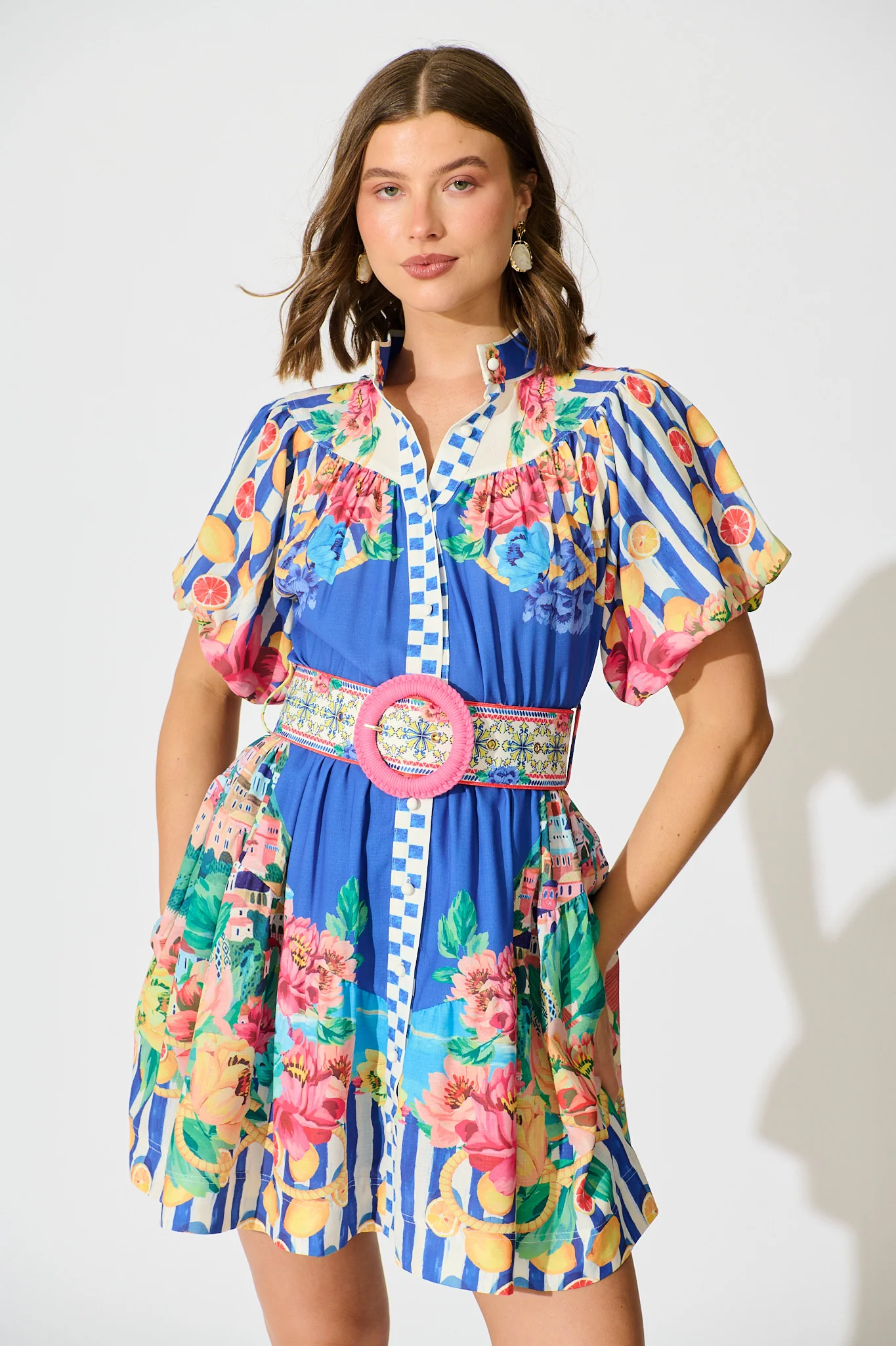 Positano Dress in Blue Floral and Lemon Cotton Linen - Image 6