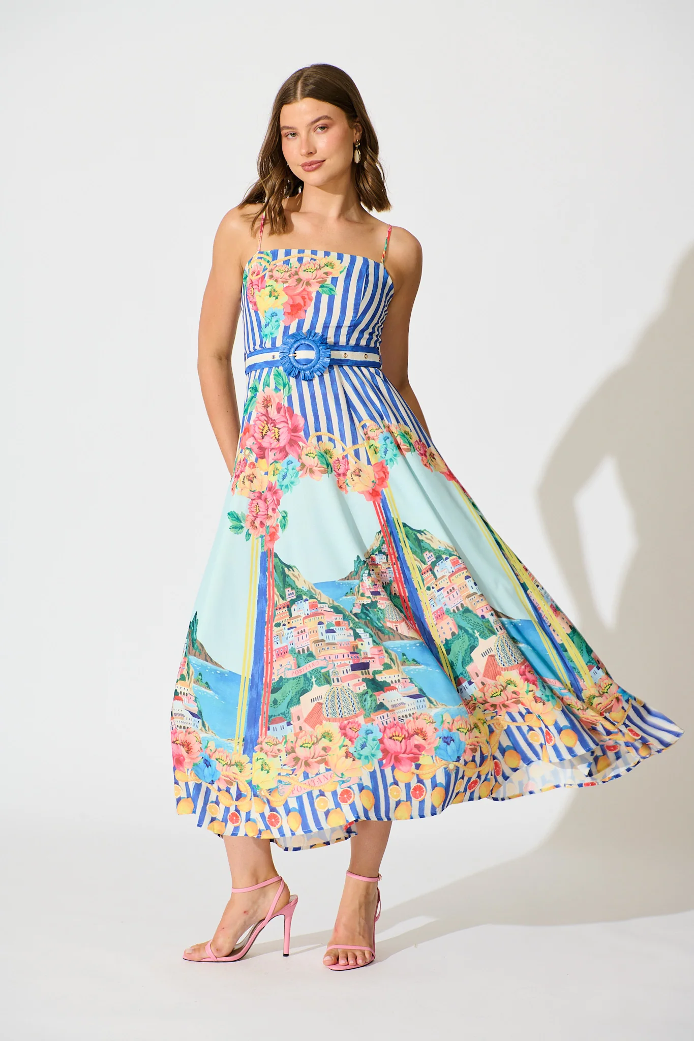 Positano Whisper Maxi Sundress in Blue Multi Cotton Linen Blend - Image 3