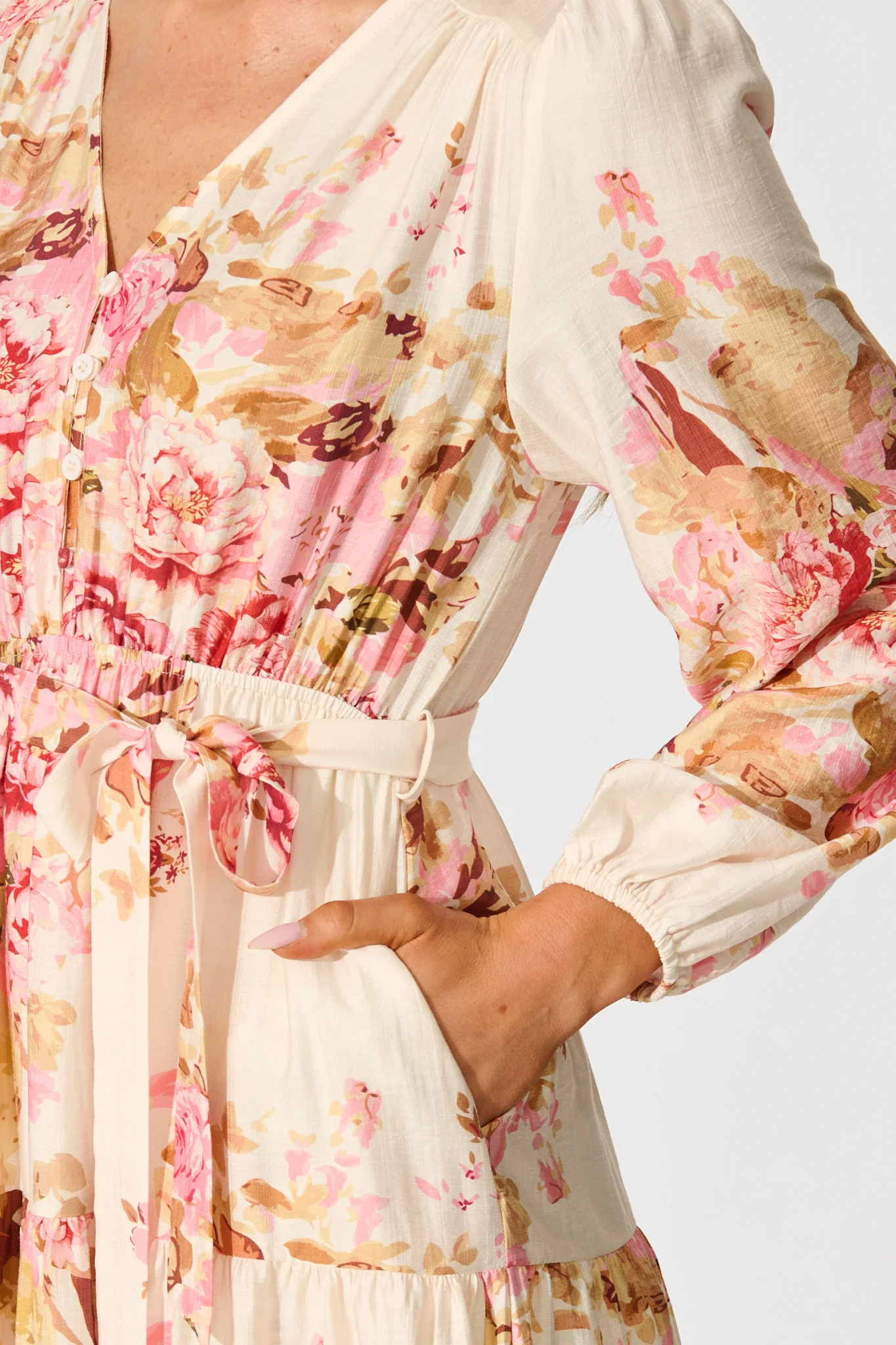 Primavera Midi Dress in Cream with Pink Floral - Image 5