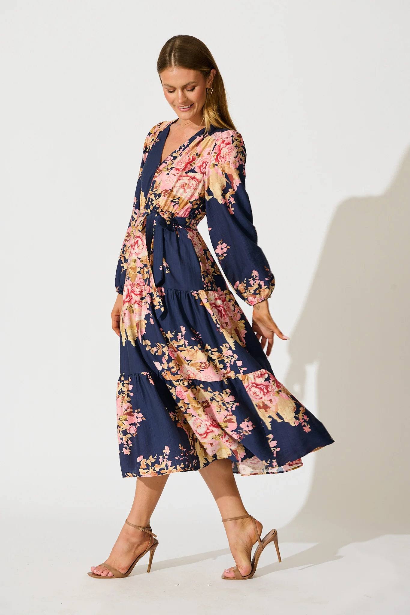 Primavera Midi Dress in Navy with Pink Floral - Image 3