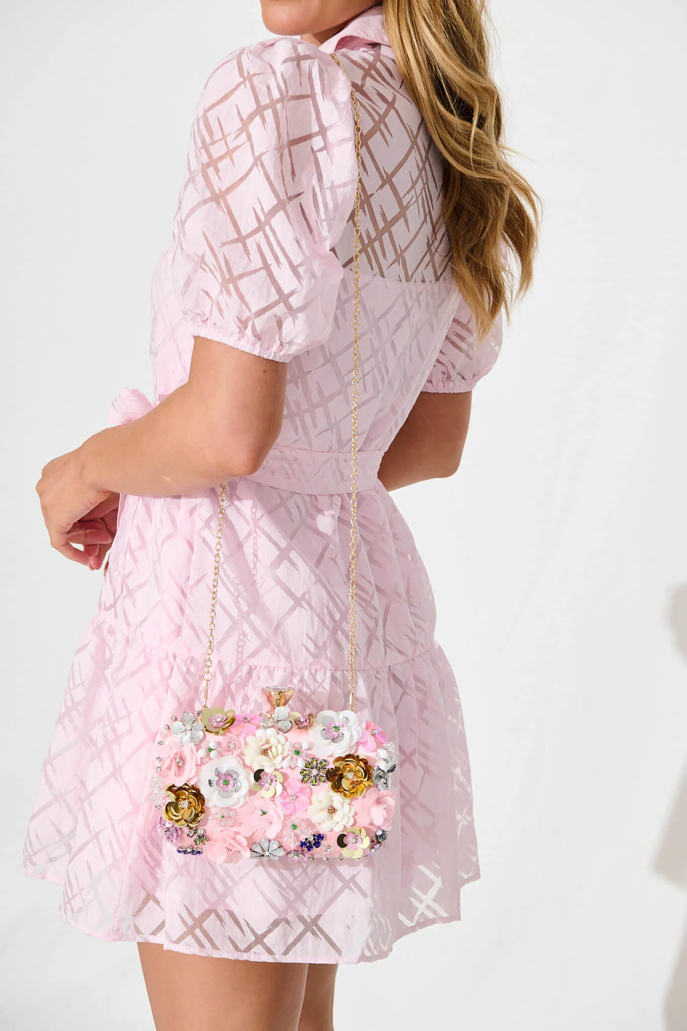 Quinn Clutch Bag in Blush with 3D Multi Sequin Floral - Image 8